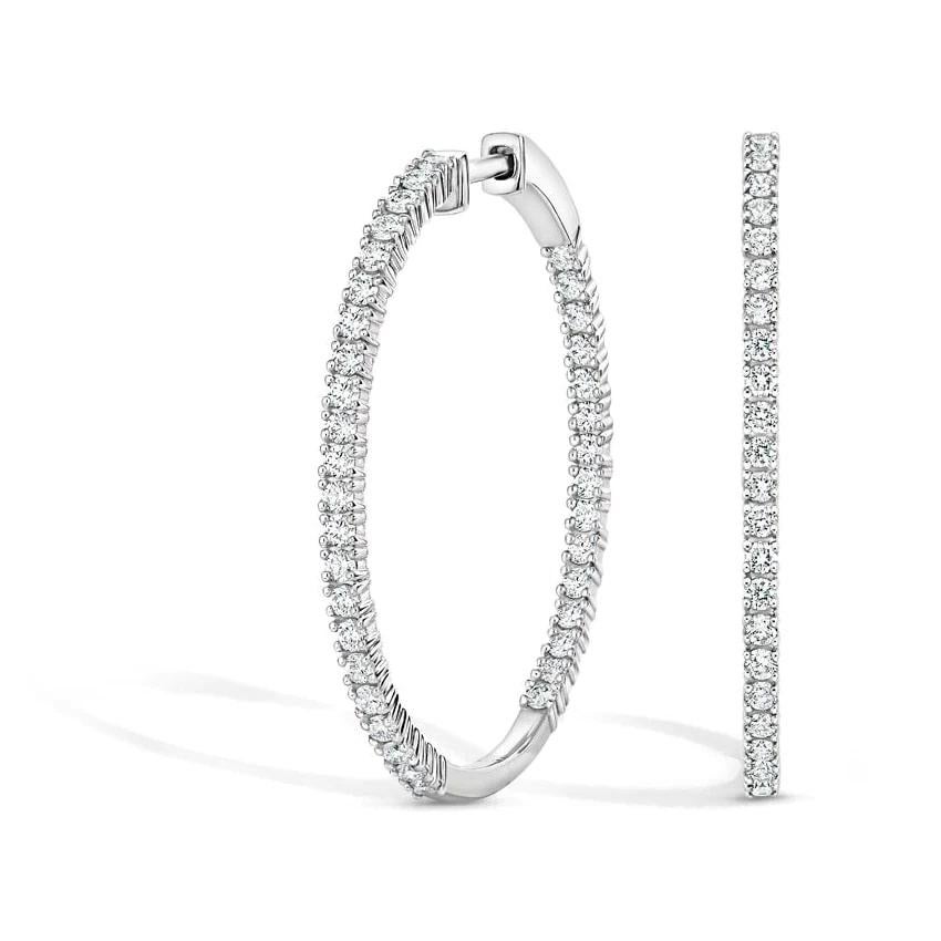 Round Cut Inside Out Diamonds 14K White Gold Hoop Earrings For Sale