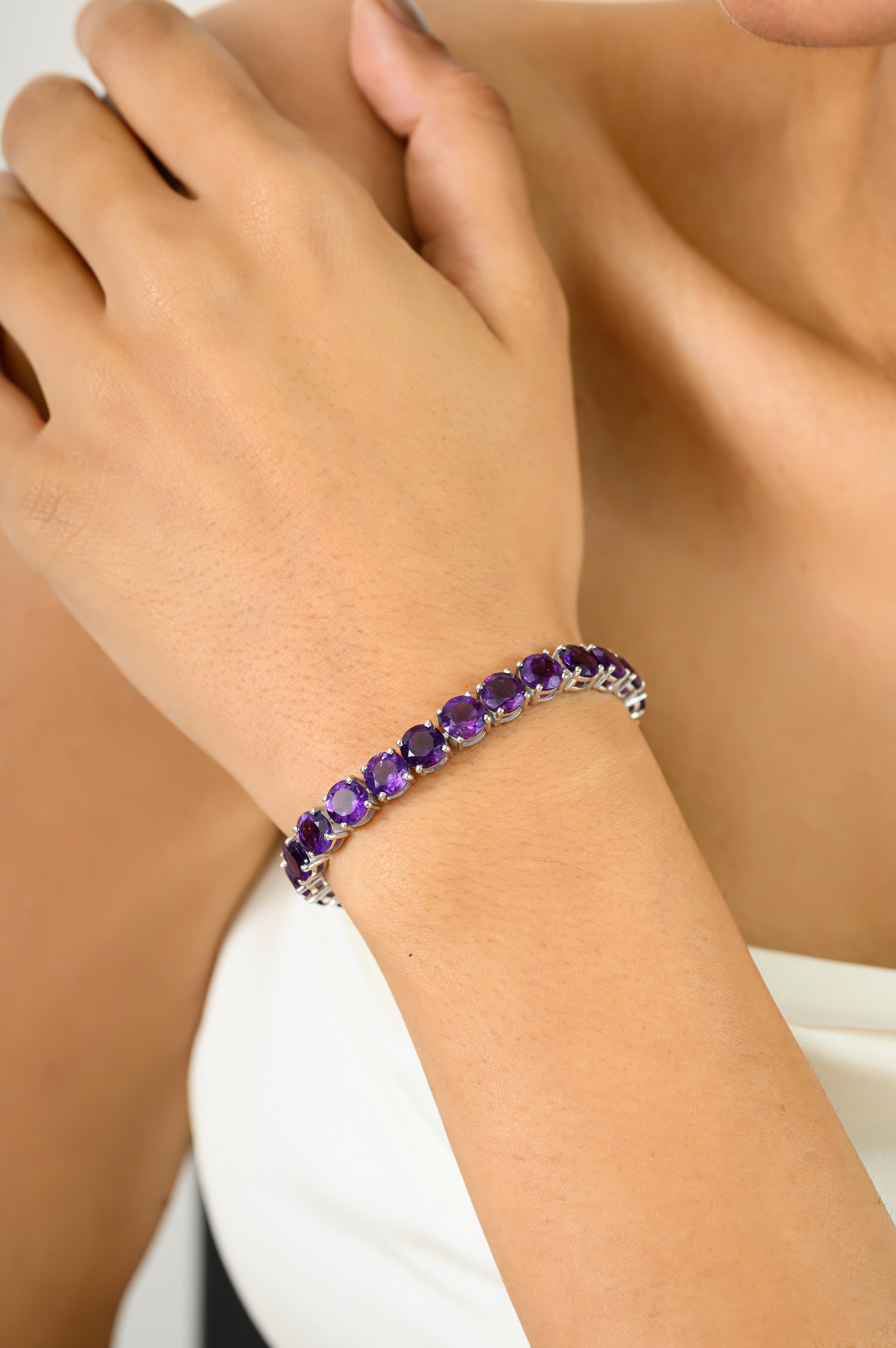 Classic Round Faceted Amethyst Tennis Bracelet for Grandma Gift in 925 Silver Damen im Angebot