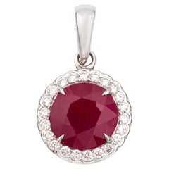 Artisan Made Natural Ruby and Diamond Halo Cluster Pendant in 18K White Gold