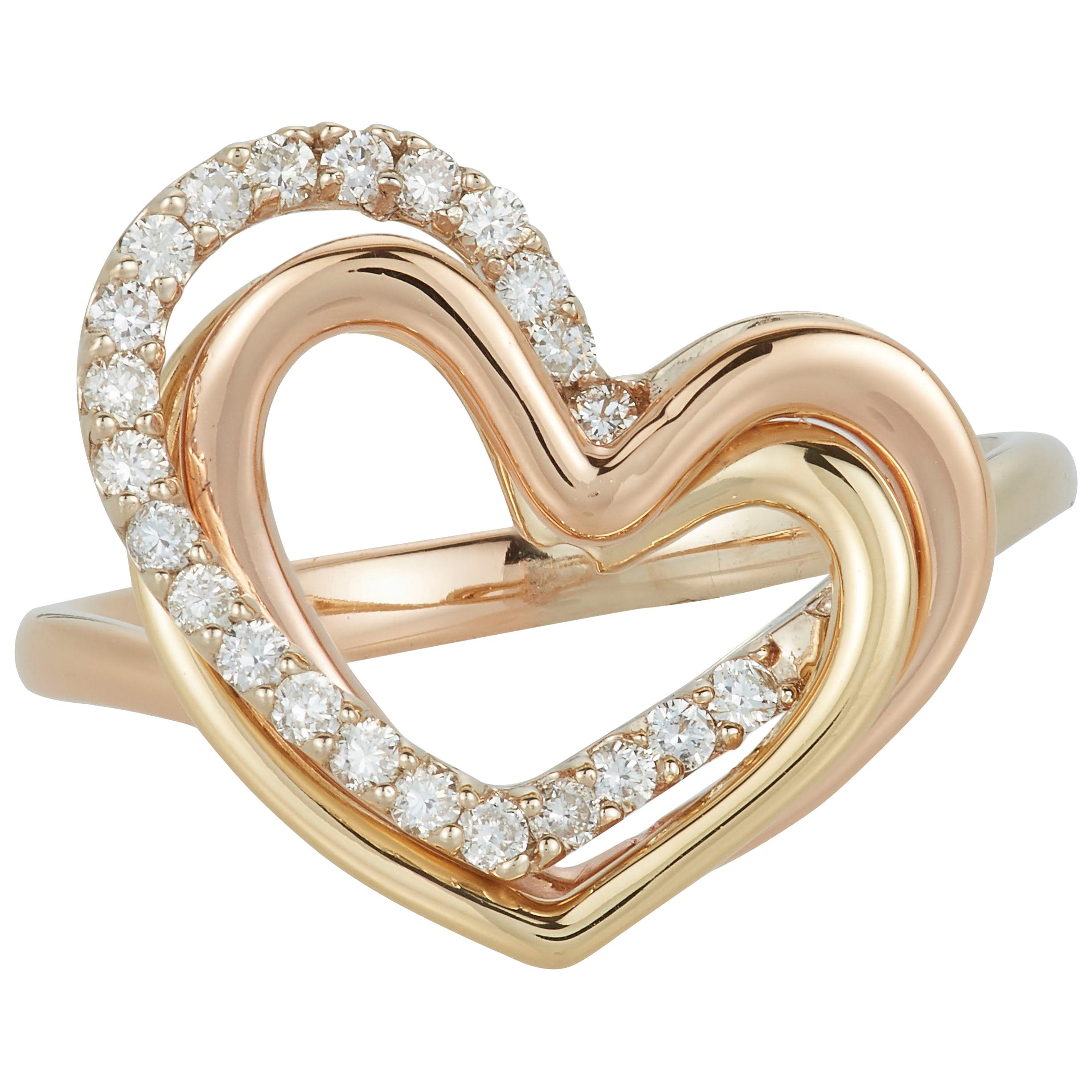 Classic Round White Diamond Heart Fashion Ring 18k Tri Color Rose Yellow Gold
