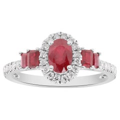 Vintage Classic Ruby 10k White Gold Oval Cut with Round-Cut Diamond Accents Ring