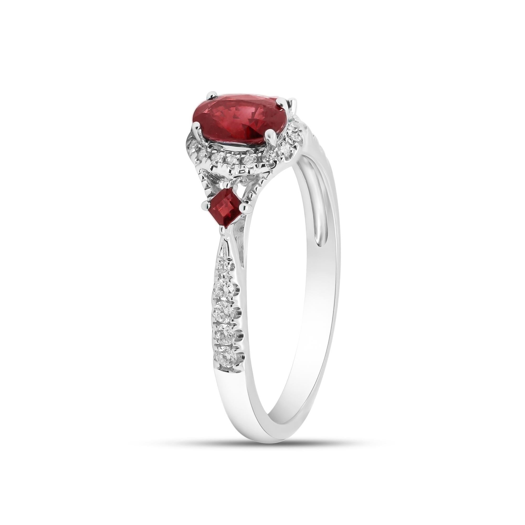 Stunning, timeless and classy eternity Unique Ring. Decorate yourself in luxury with this Gin & Grace Ring. The 14K White Gold jewelry boasts with Oval-cut 1 pcs 0.47 carat, Square-cut 2 pcs 0.14 carat Ruby and Natural Round-cut white Diamond (26