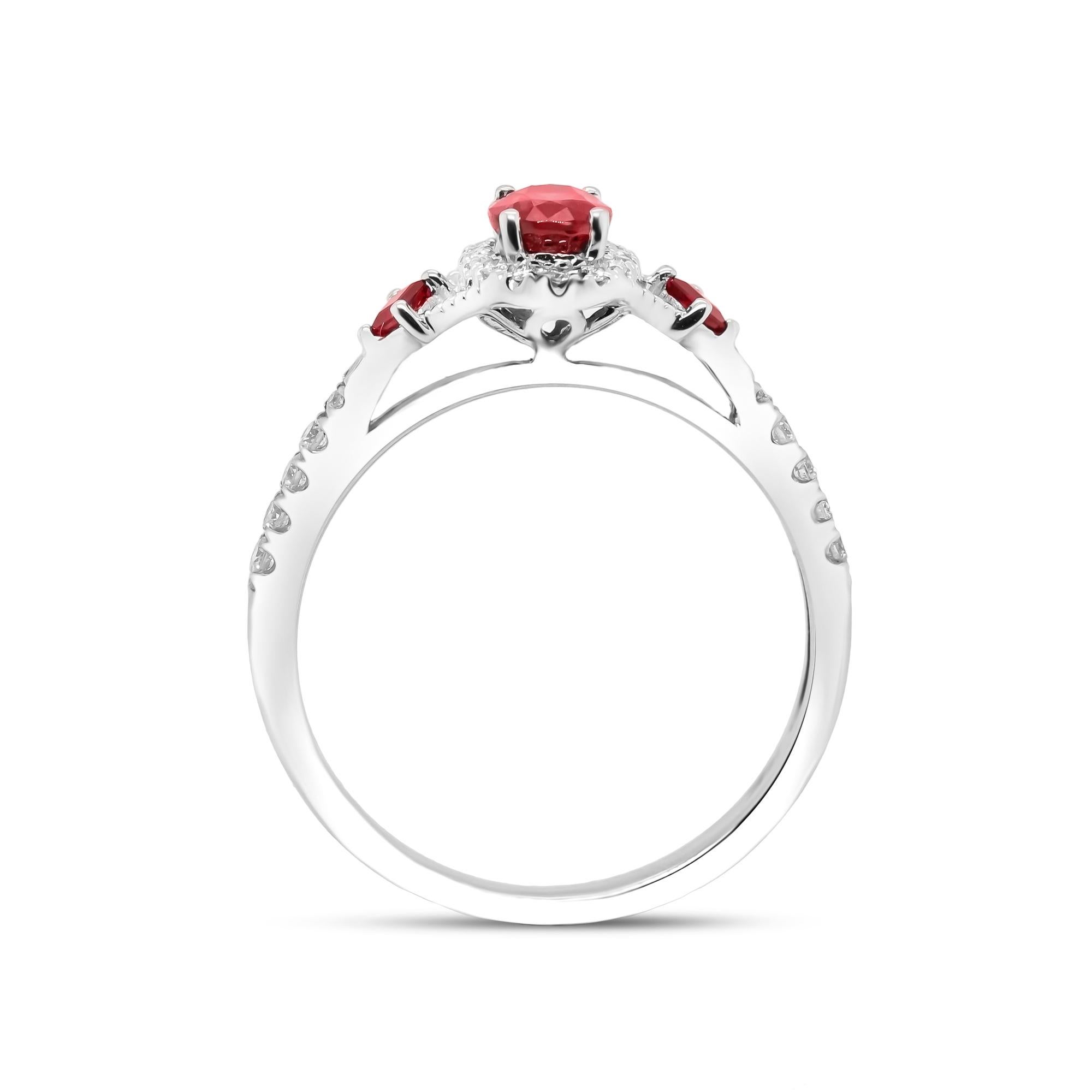 Art Deco Classic Ruby 14k White Gold Oval Cut with Round-Cut Diamond Accents Ring For Sale