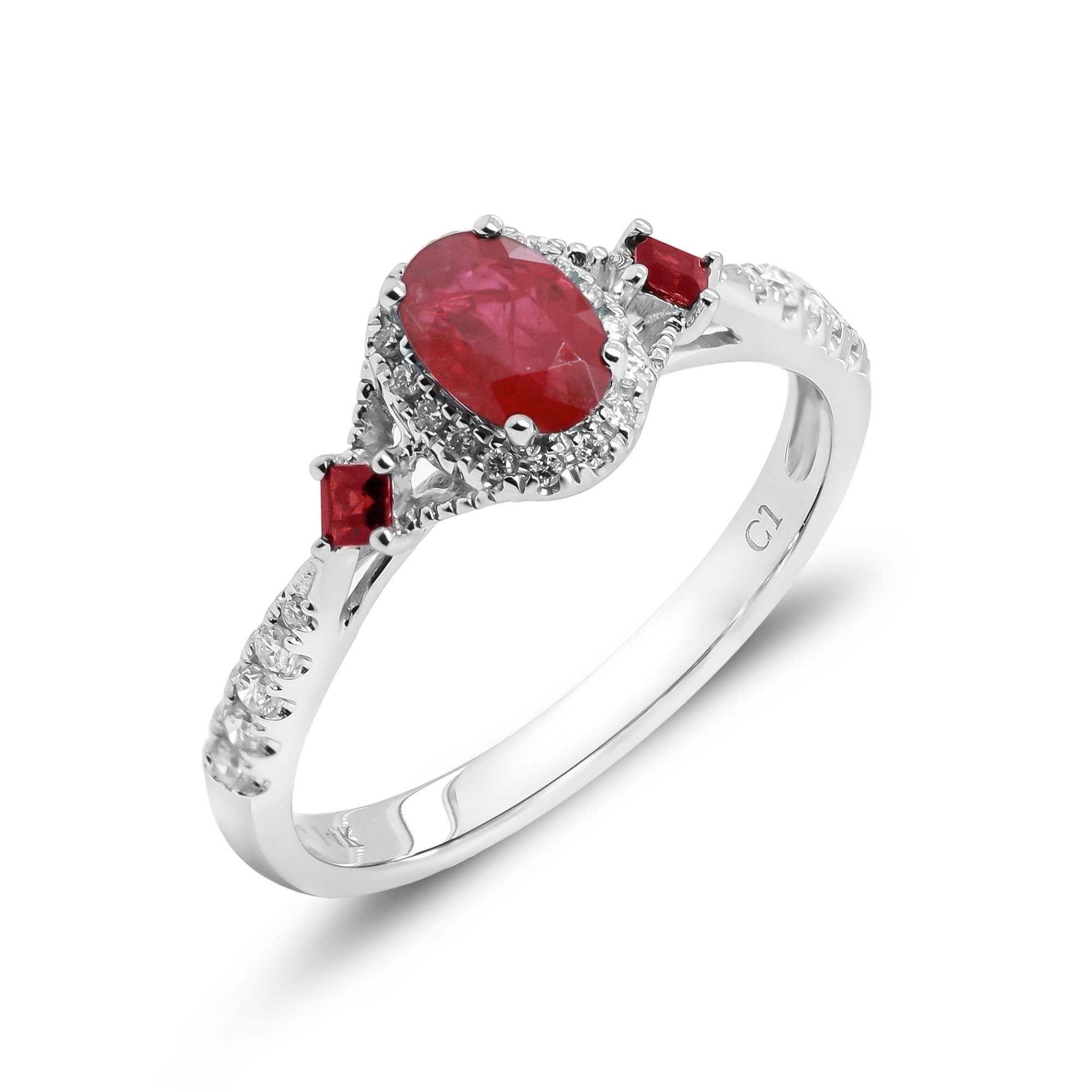 Classic Ruby 14k White Gold Oval Cut with Round-Cut Diamond Accents Ring In New Condition For Sale In New York, NY