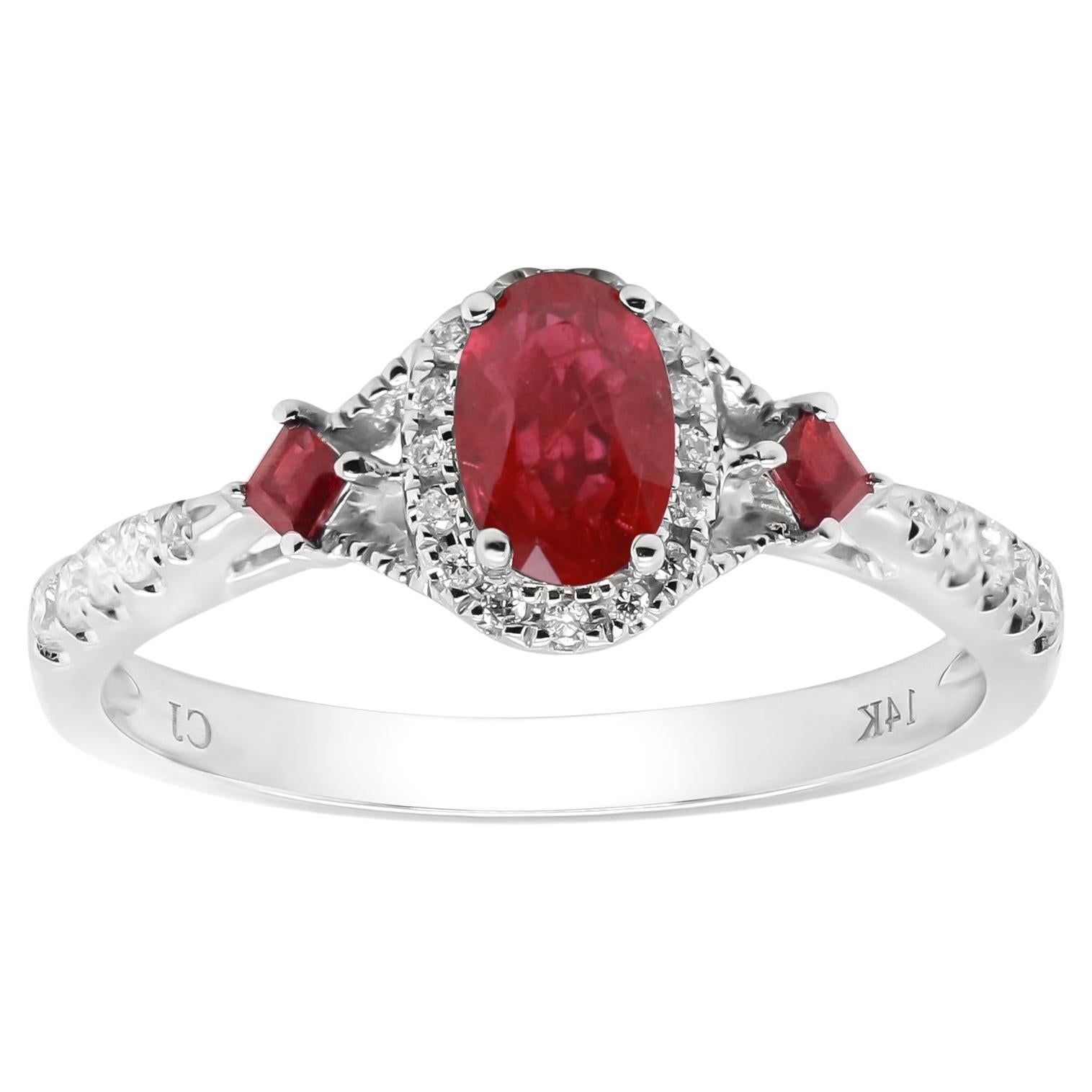 Classic Ruby 14k White Gold Oval Cut with Round-Cut Diamond Accents Ring For Sale