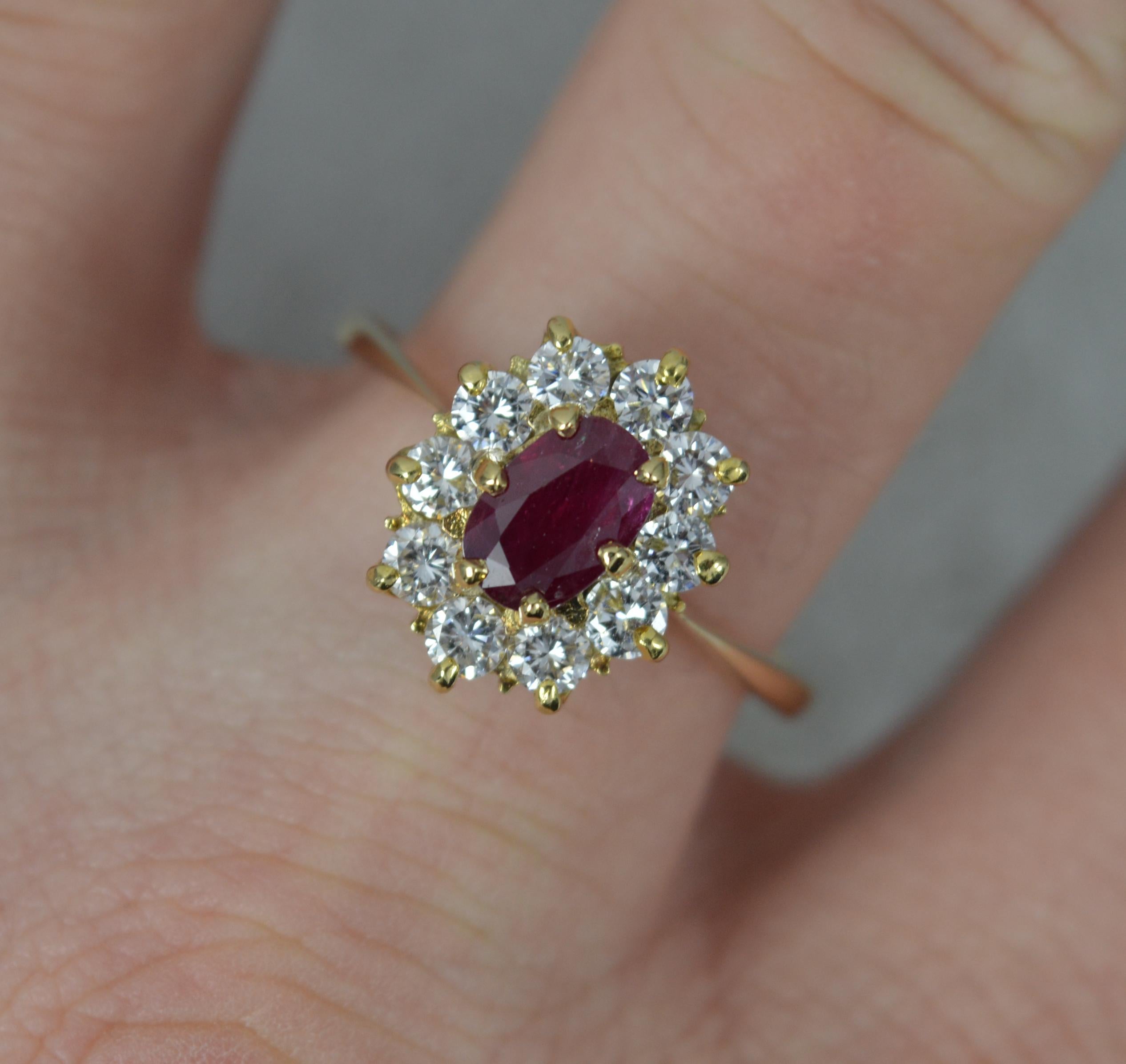 Oval Cut Classic Ruby and 0.85 Carat Diamond 18ct Gold Cluster Ring