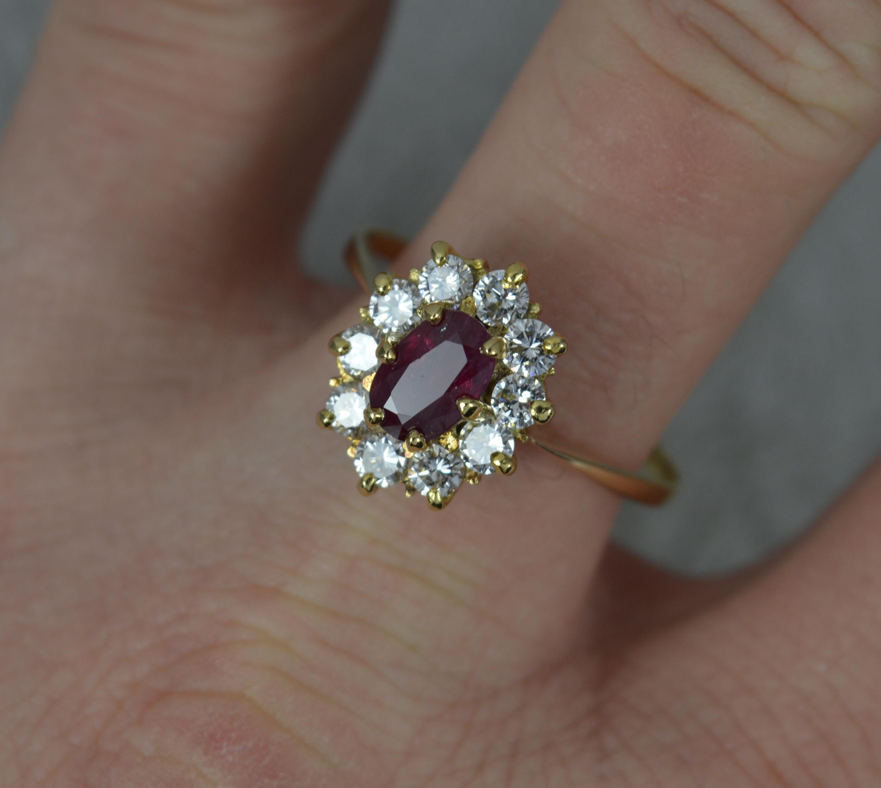 Classic Ruby and 0.85 Carat Diamond 18ct Gold Cluster Ring In Excellent Condition In St Helens, GB