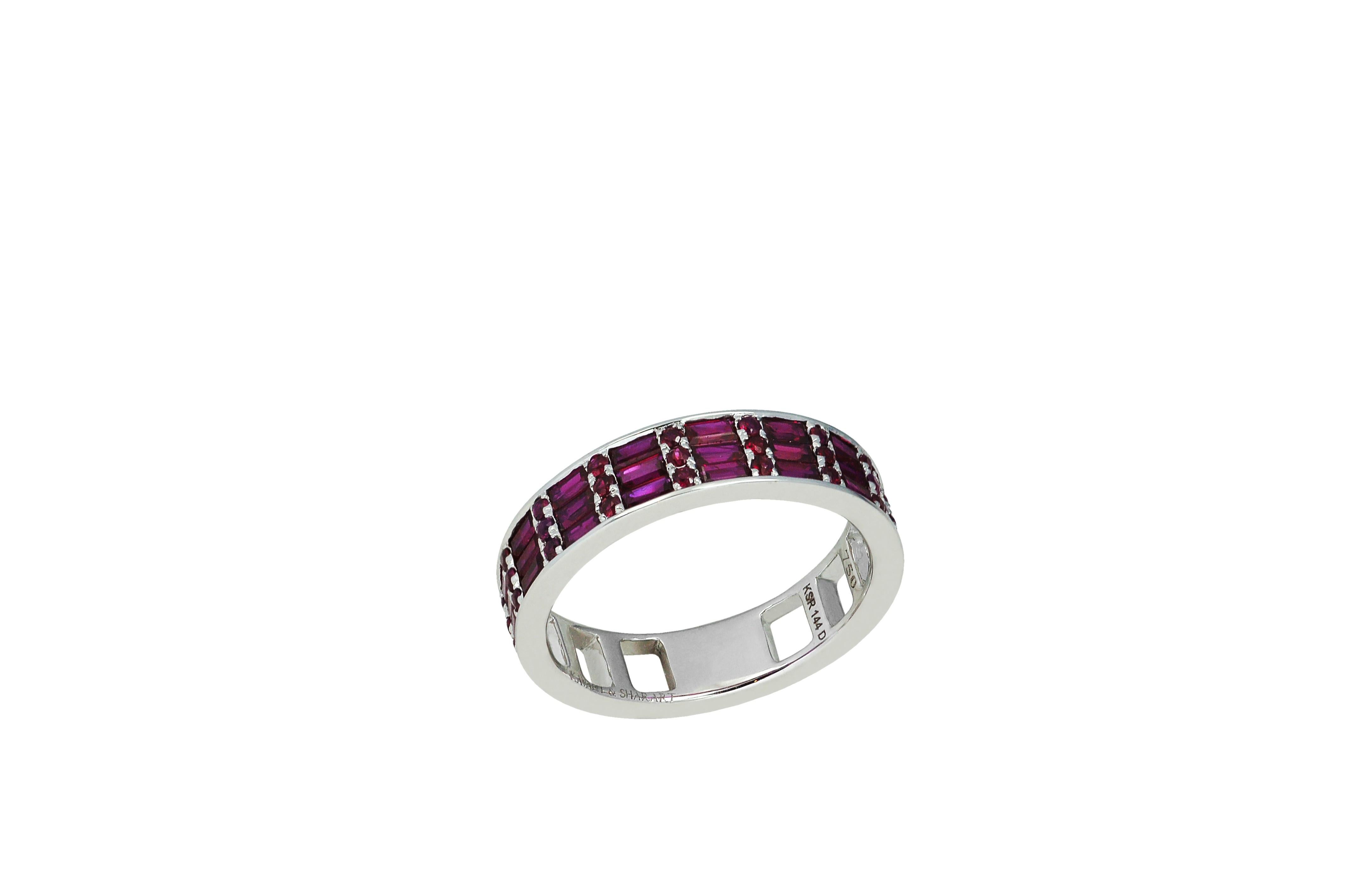 Mixed Cut Classic Ruby Cigar Band 3 Ring in 18K White Gold Settings For Sale