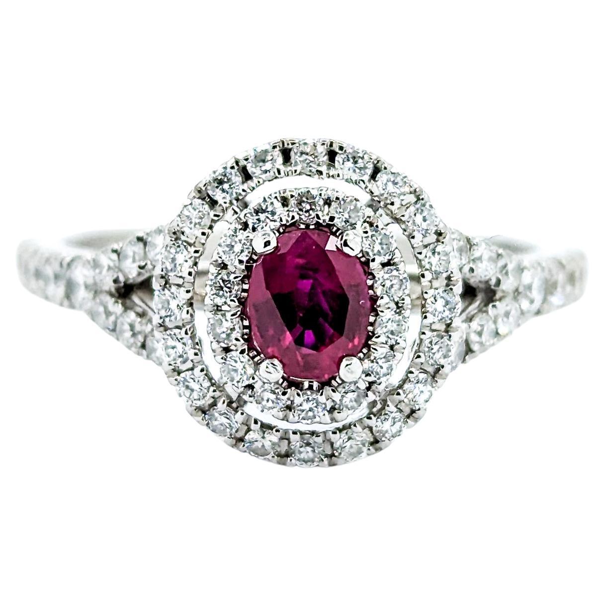 Classic Ruby & Diamond Double Halo Ring in White Gold