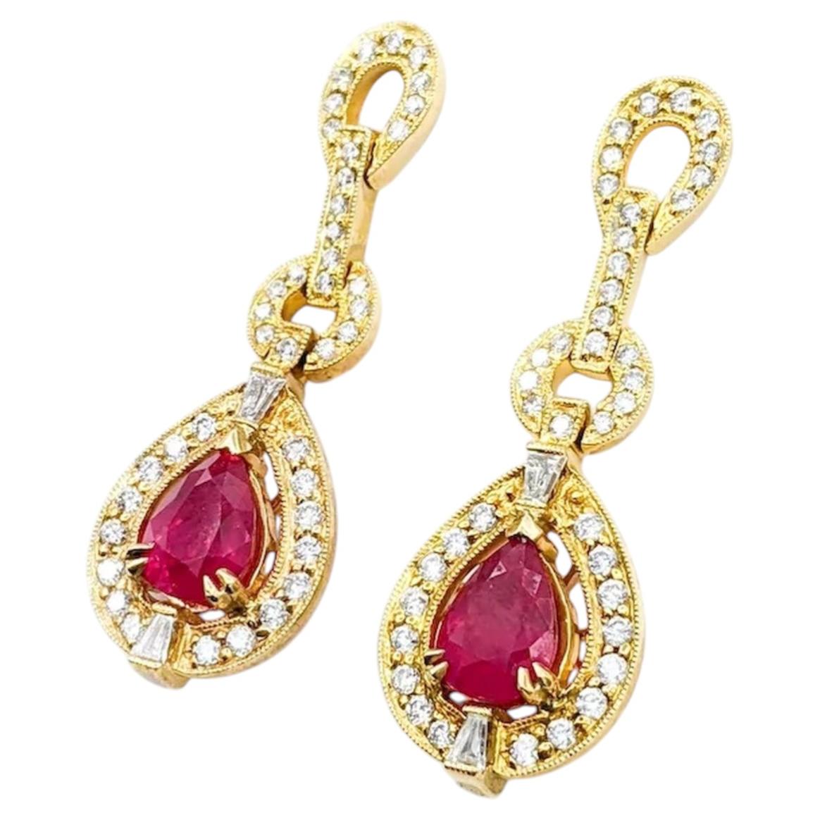 Classic Ruby & Diamond Drop Earrings in 14k Yellow Gold For Sale