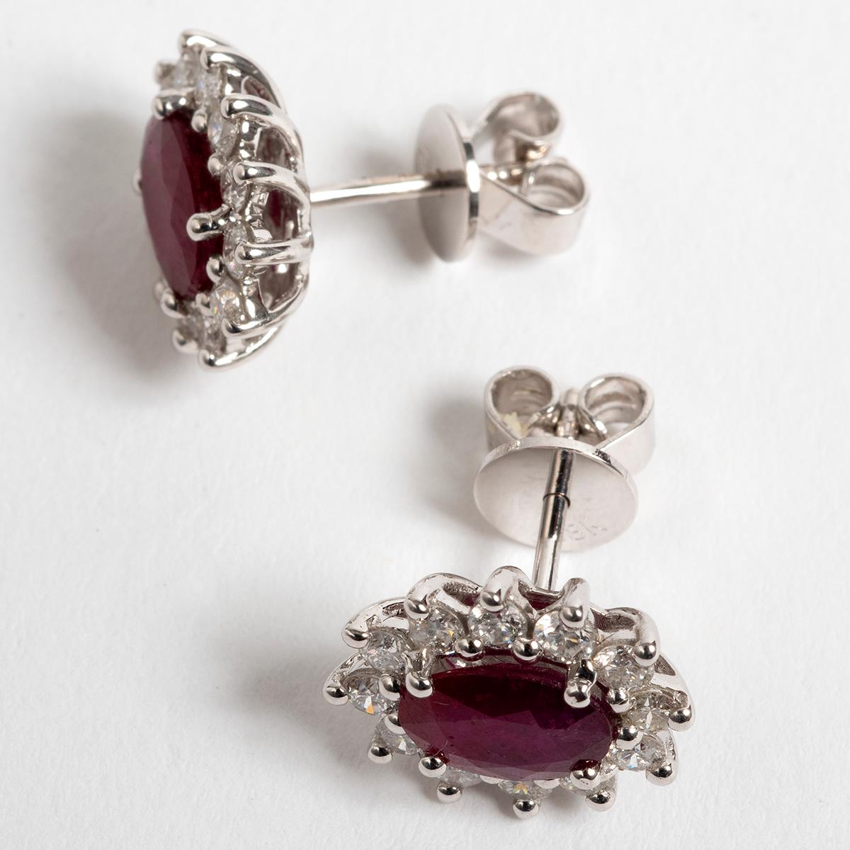 Classic Ruby & Diamond Earrings, 18 Carat White Gold. Est 0.70 Carat Diamonds  In Excellent Condition In Canterbury, GB