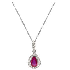 Classic Ruby Pear Cut and White Diamond 10K White Gold Pendant