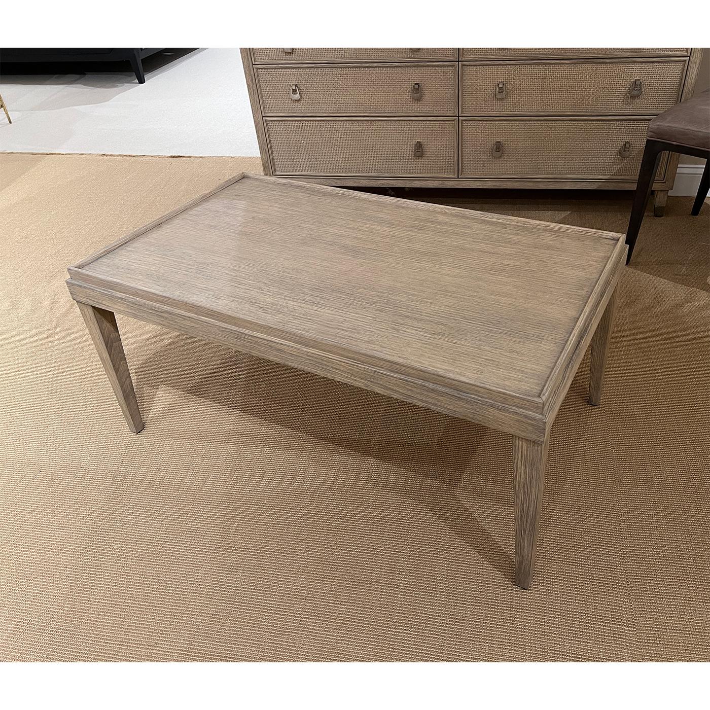 Classic Rustic rectangular coffee table with our unique rabbit finish. With a wooden galleried top, with square tapered legs.

The finish is our 'rabbit' with a wire-brushed texture and grey ceruse subtle highlights.

Dimensions: 42 × 24 × 19 in