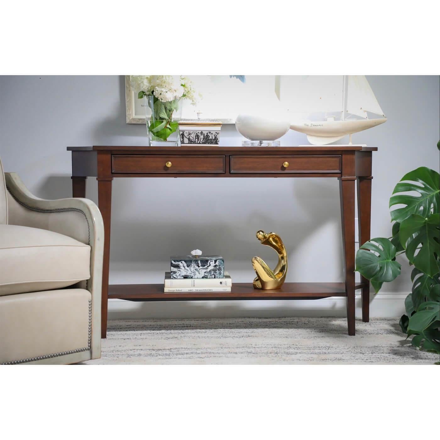 Neoclassical Classic Rustic Console Table, Mahogany Finish For Sale