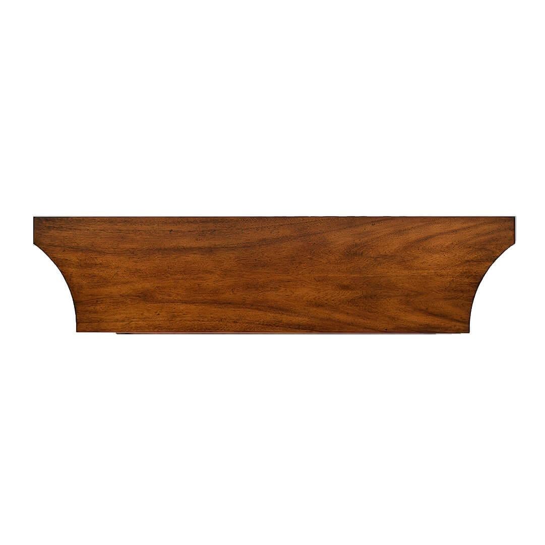 Classic rustic walnut stained console table with a shaped top with incurved ends, on square tapered legs with a long frieze drawer and shelf stretcher base.

Dimensions: 60