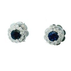 Classic Sapphire and Diamond Cluster Stud Earrings in 14K White Gold