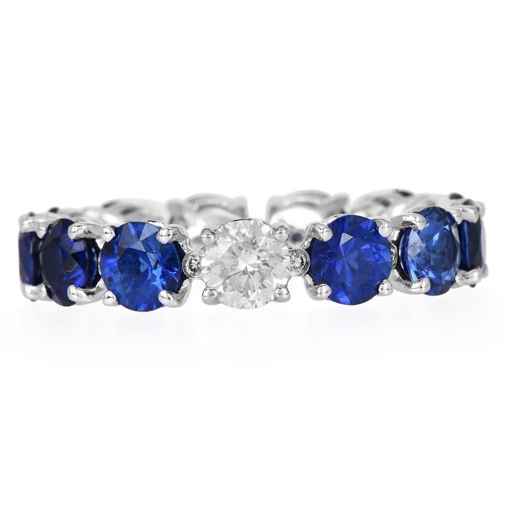 Round Cut Classic Sapphire Diamond 18K Gold Eternity Band Ring