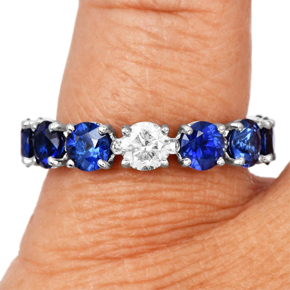 Classic Sapphire Diamond 18K Gold Eternity Band Ring 2