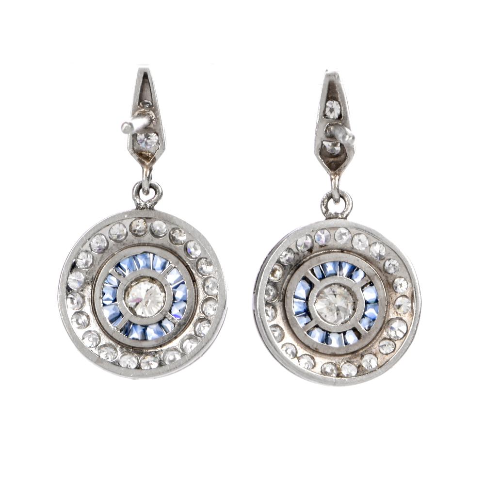 Art Deco Classic Sapphire Diamond Platinum Drop Earrings