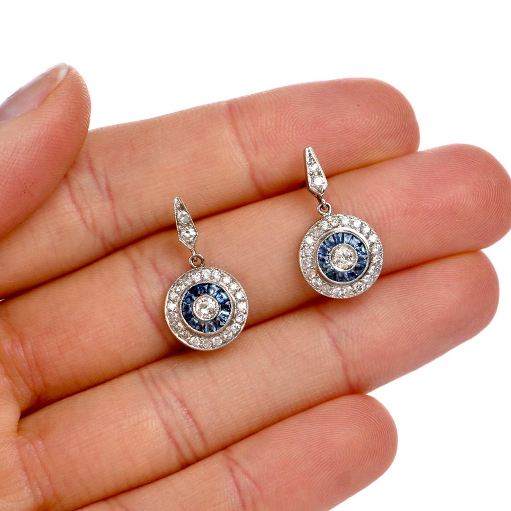 Classic Sapphire Diamond Platinum Drop Earrings In Excellent Condition In Miami, FL