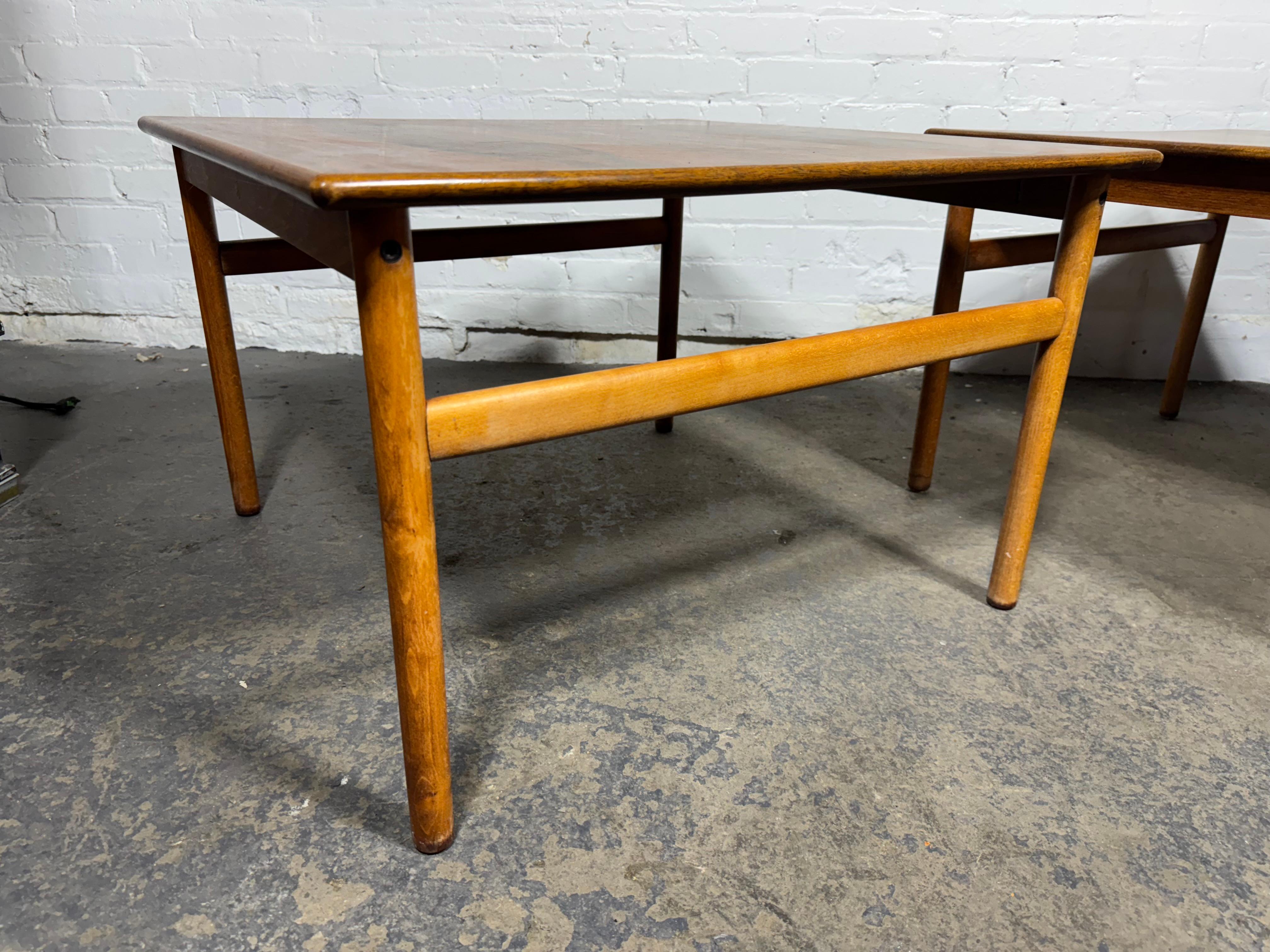 Classic Scandinavian Design , Pair Rosewood & Teak Tables by Grete Jalk / Made in Denmark ,,can be used as coffee table or matching end tables,,, stunning book-matched rosewood,, rich graining,, minor ring to one table,, hardly noticeable in person
