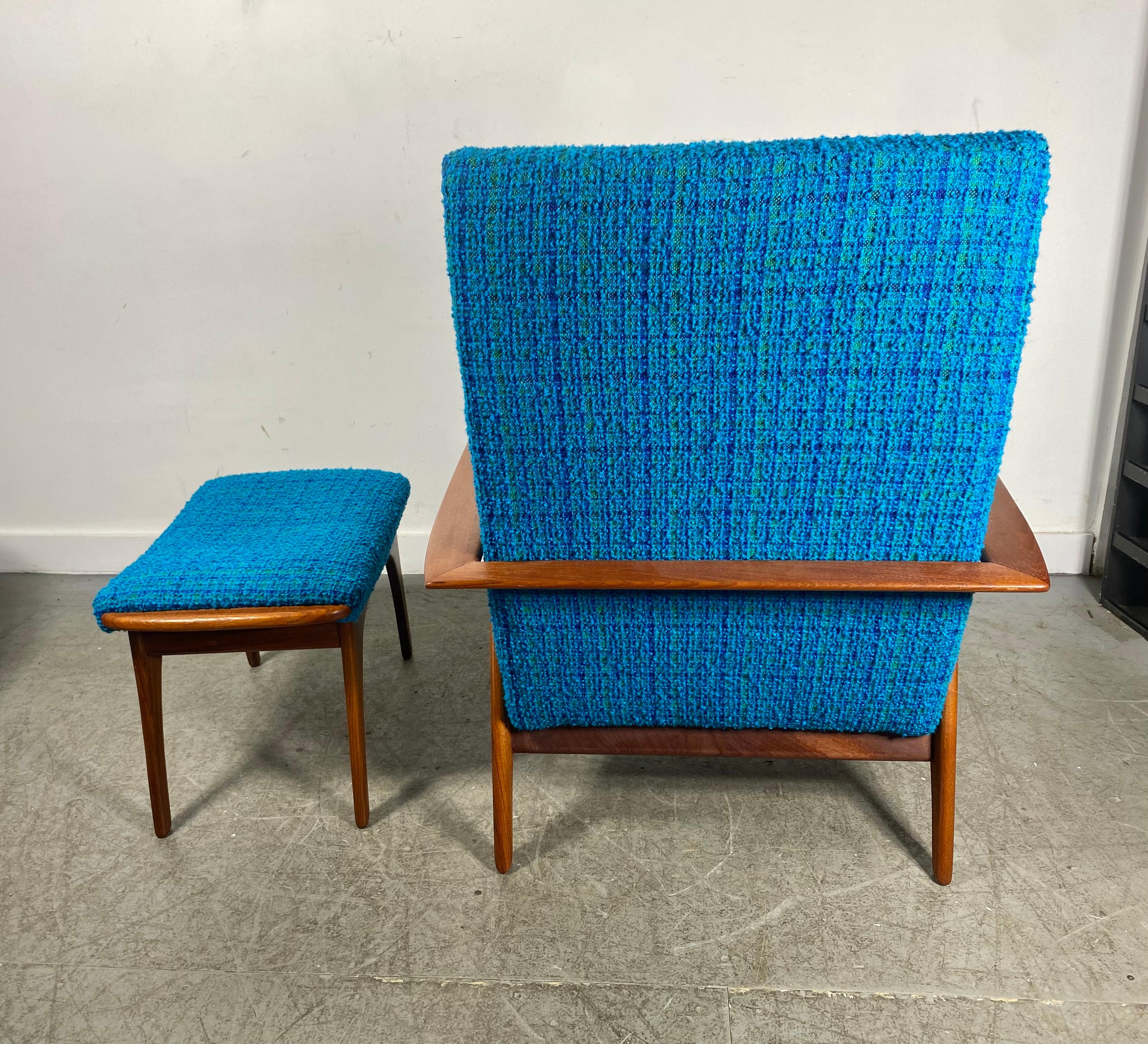 Classic Scandinavian Modern Teak Lounge Chair and Ottoman, after Hans Wegner In Good Condition In Buffalo, NY