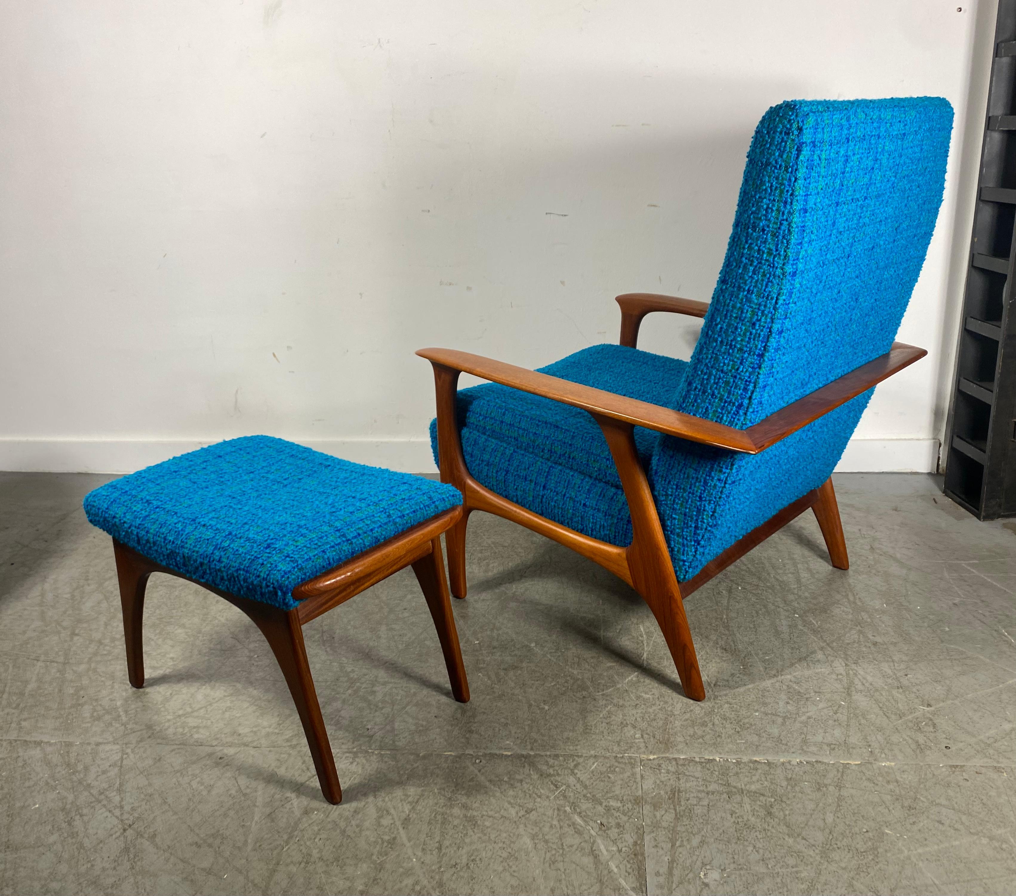 Fabric Classic Scandinavian Modern Teak Lounge Chair and Ottoman, after Hans Wegner