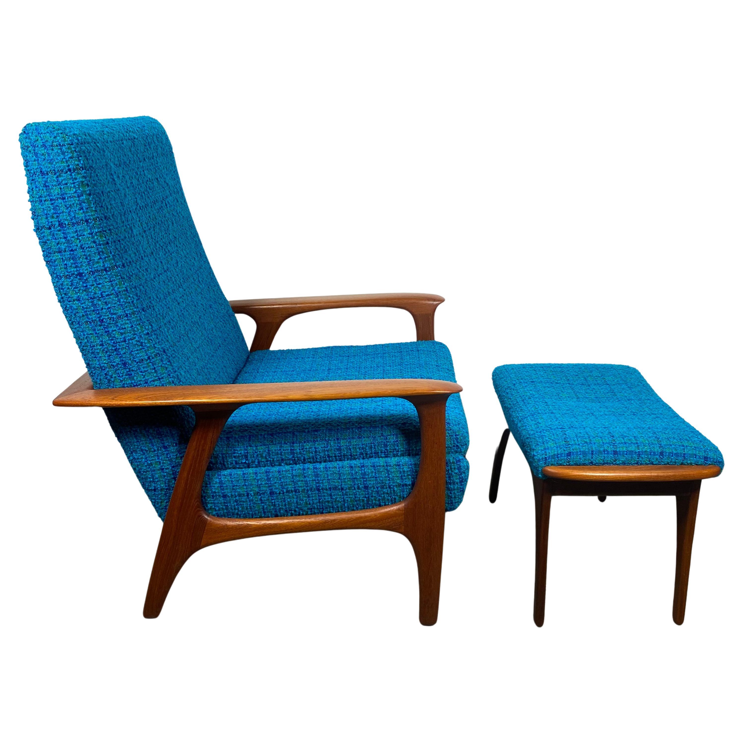 Classic Scandinavian Modern Teak Lounge Chair and Ottoman, after Hans Wegner