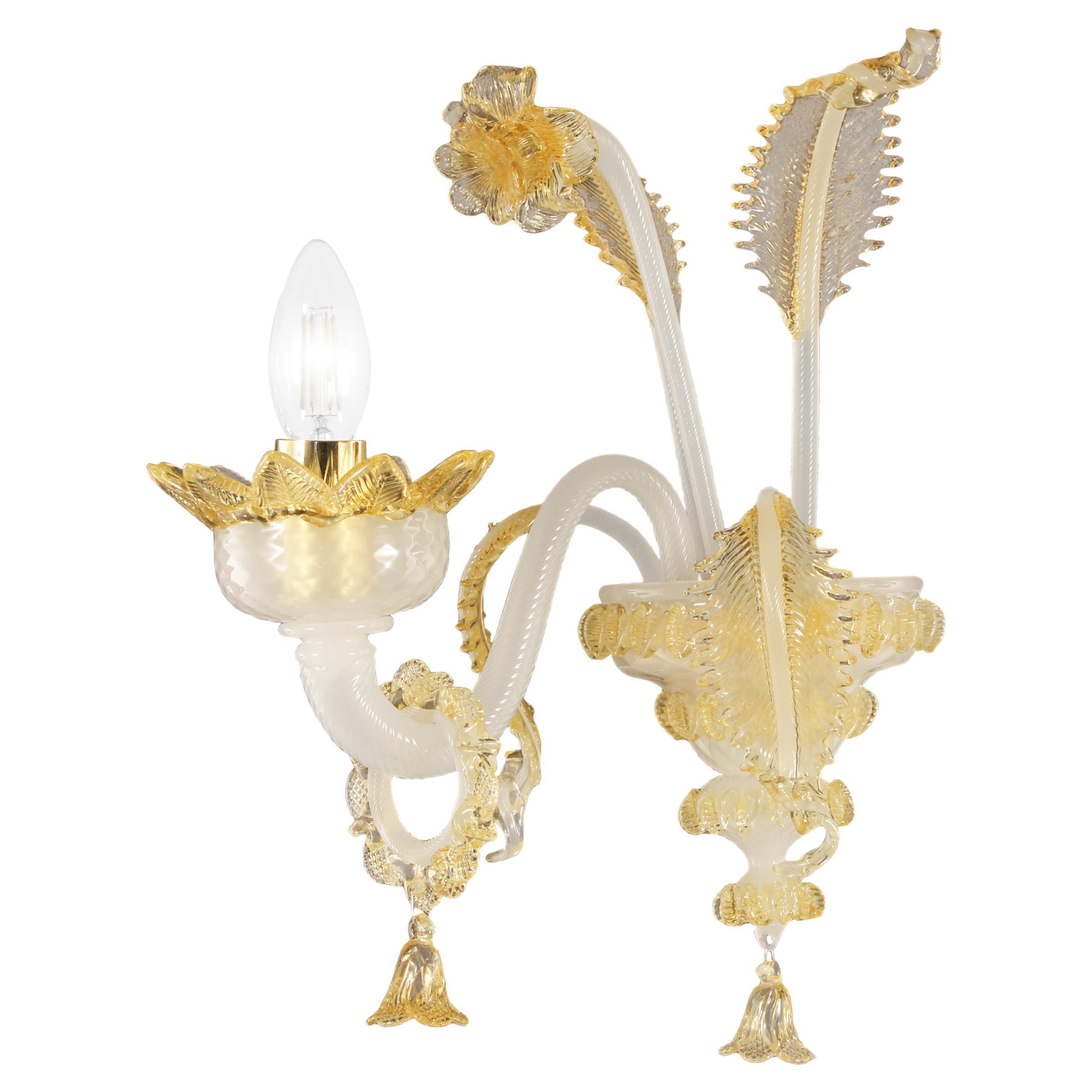 Classic Sconce 1 Arm White Silk-Amber Murano Glass by Multiforme in Stock For Sale