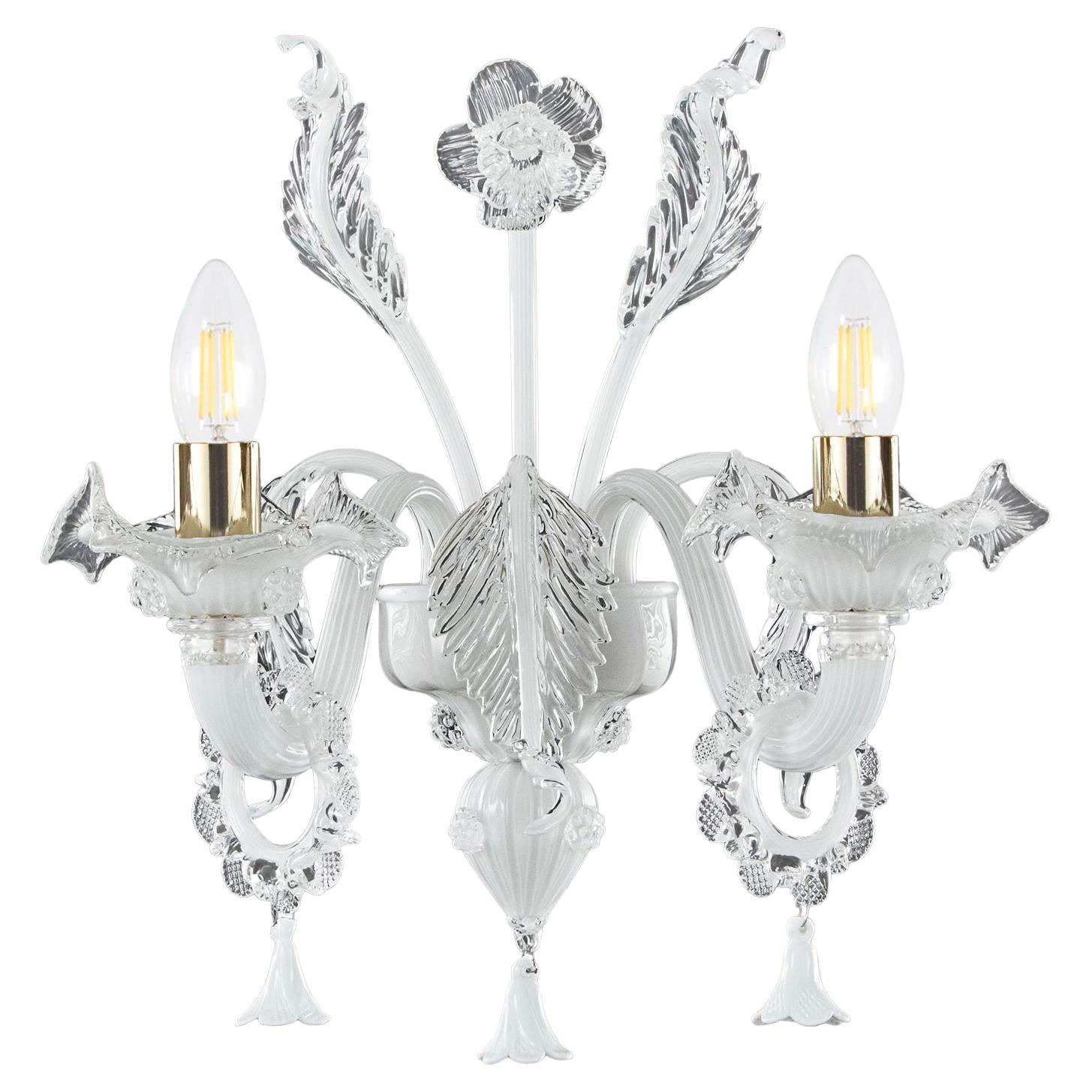 Classic Sconce 2 Arms White Encased Murano Glass Bovary by Multiforme For Sale