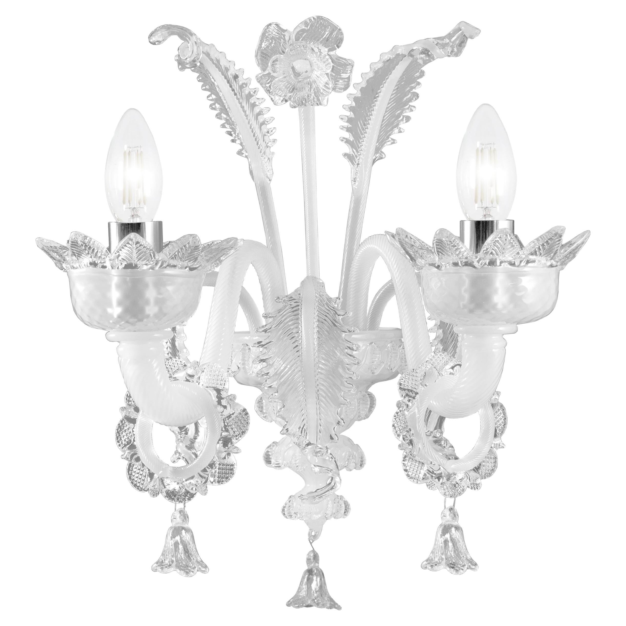 Classic Sconce 2 Arms White Silk-clear Murano Glass by Multiforme in stock For Sale