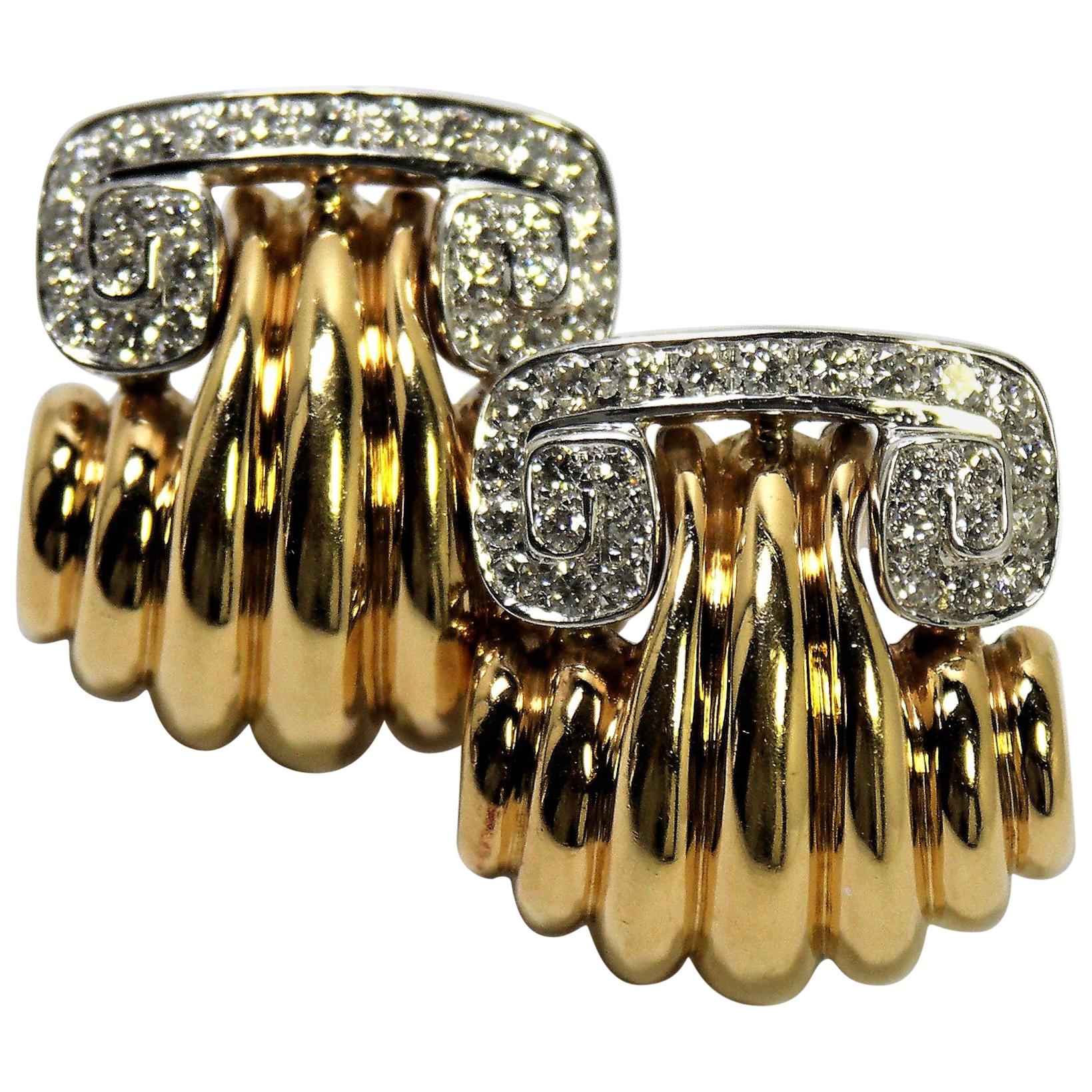 Classic Scroll Top Yellow Gold and Diamond Clip-On Earrings