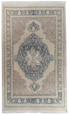 Classic Senneh Wool & Silk Area Rug, Turkish Design, 6' x 10'5"