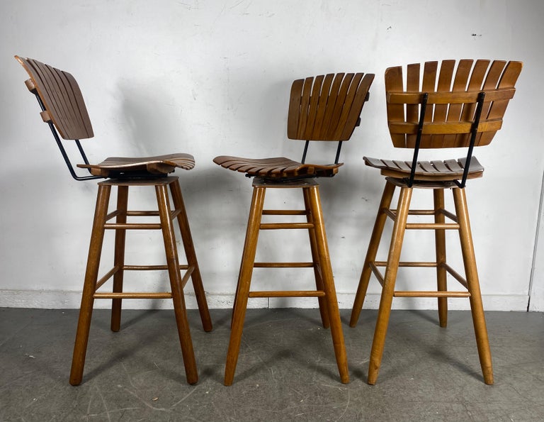 Classic set 3 Slat Wood Bar / Counter Stools designed by Arthur Uminoff ...