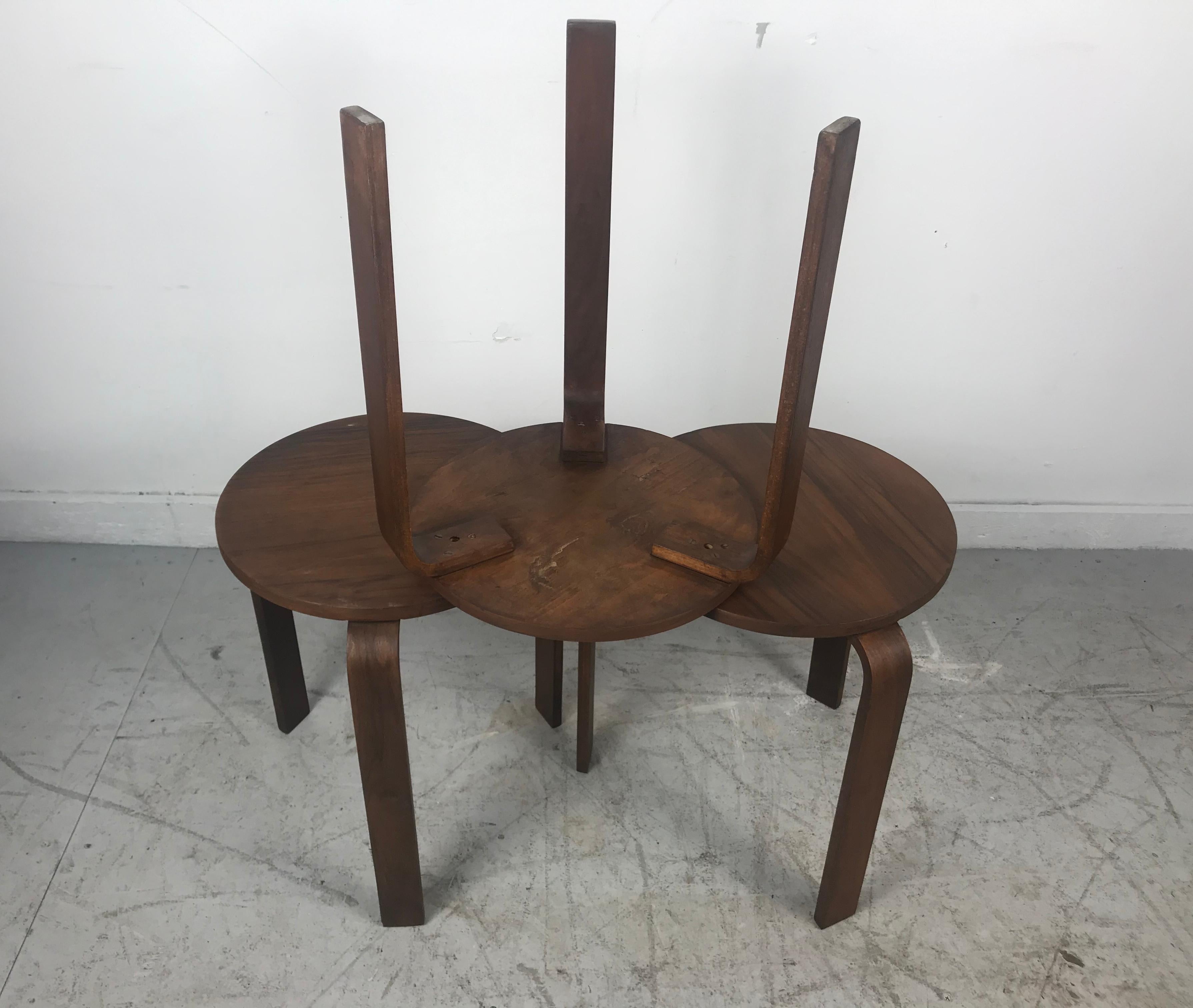 Mid-20th Century Classic Set of 3 Walnut Stacking Stools Manufactured by Thonet after Alvar Aalto