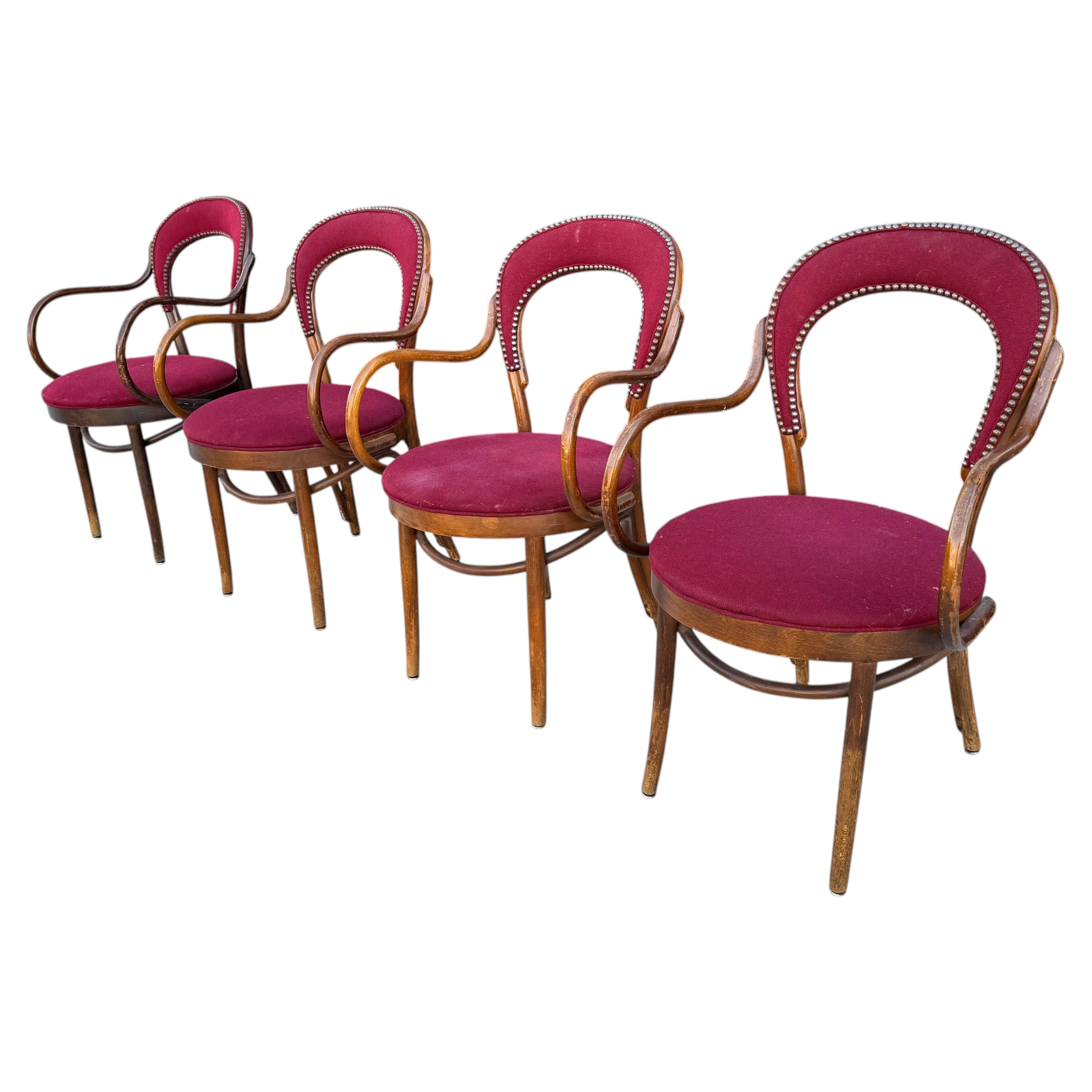 Klassisches SET 4 Sessel aus Bugholz und Stoff, THONET zugeschrieben