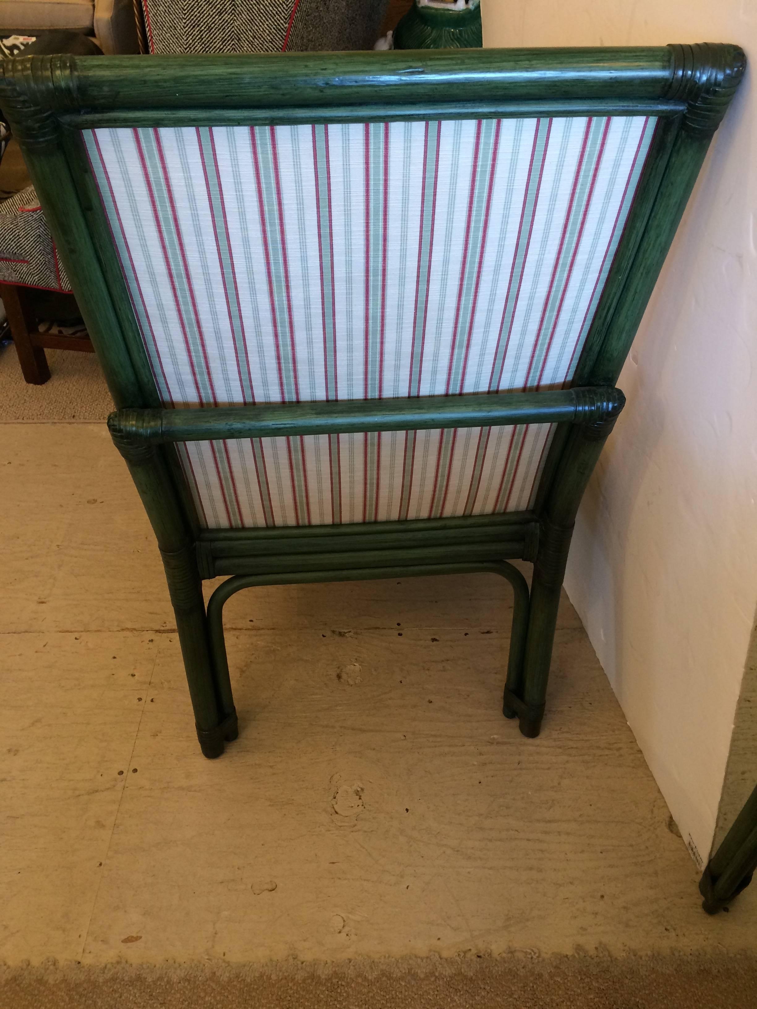 Set of Six Painted Green Bamboo Dining Chairs with Comfy Striped Upholstery 3