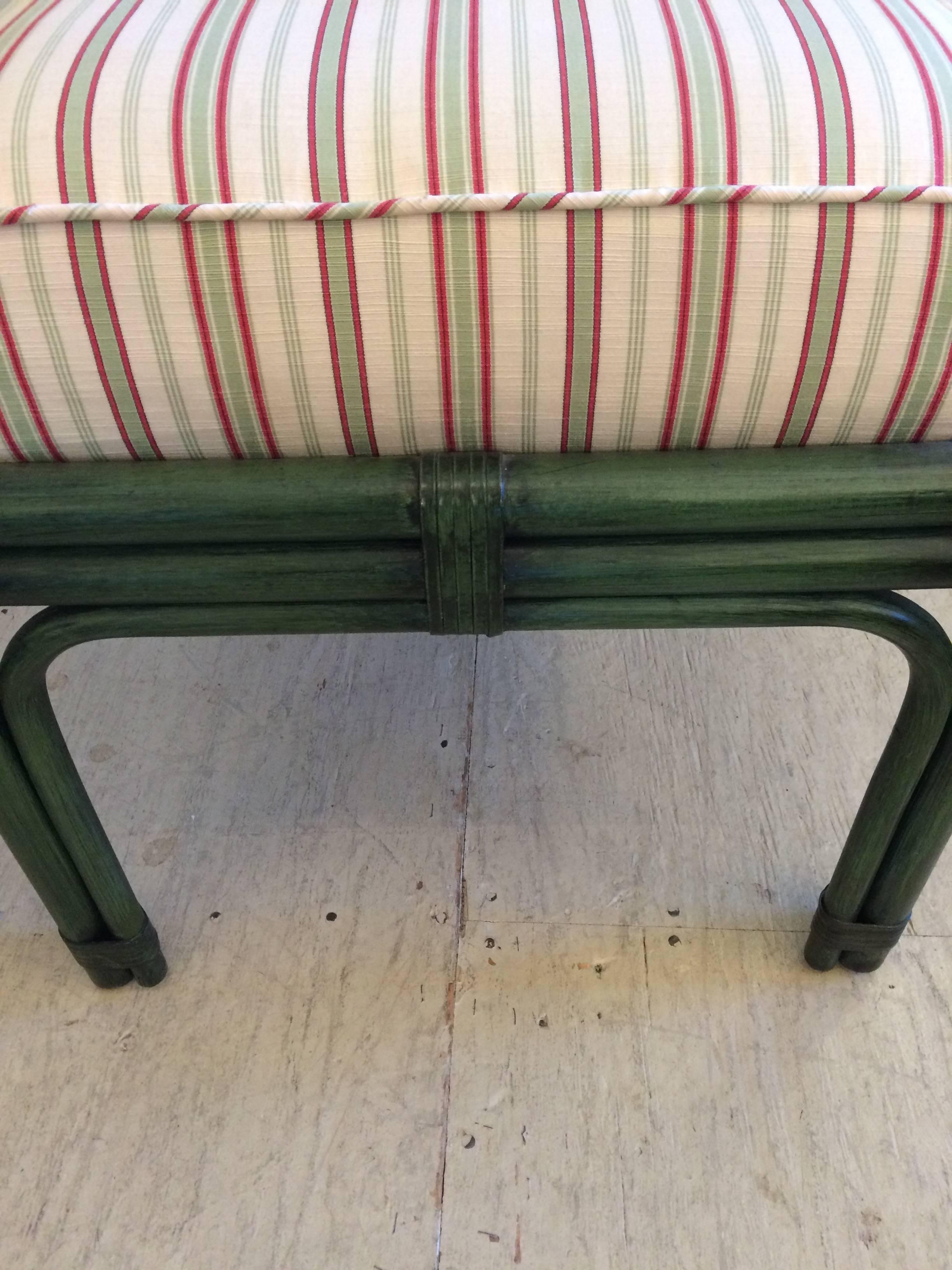 Set of Six Painted Green Bamboo Dining Chairs with Comfy Striped Upholstery 4