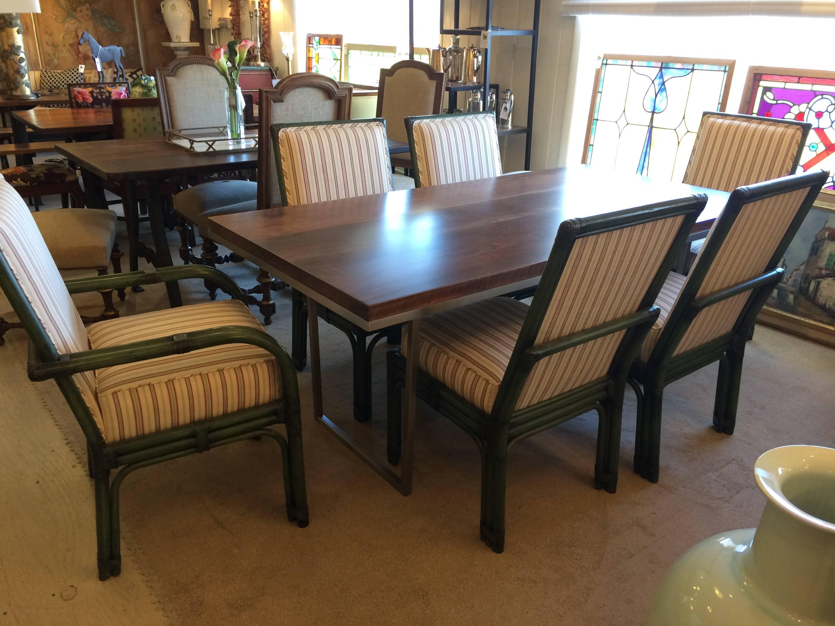 Set of Six Painted Green Bamboo Dining Chairs with Comfy Striped Upholstery 5