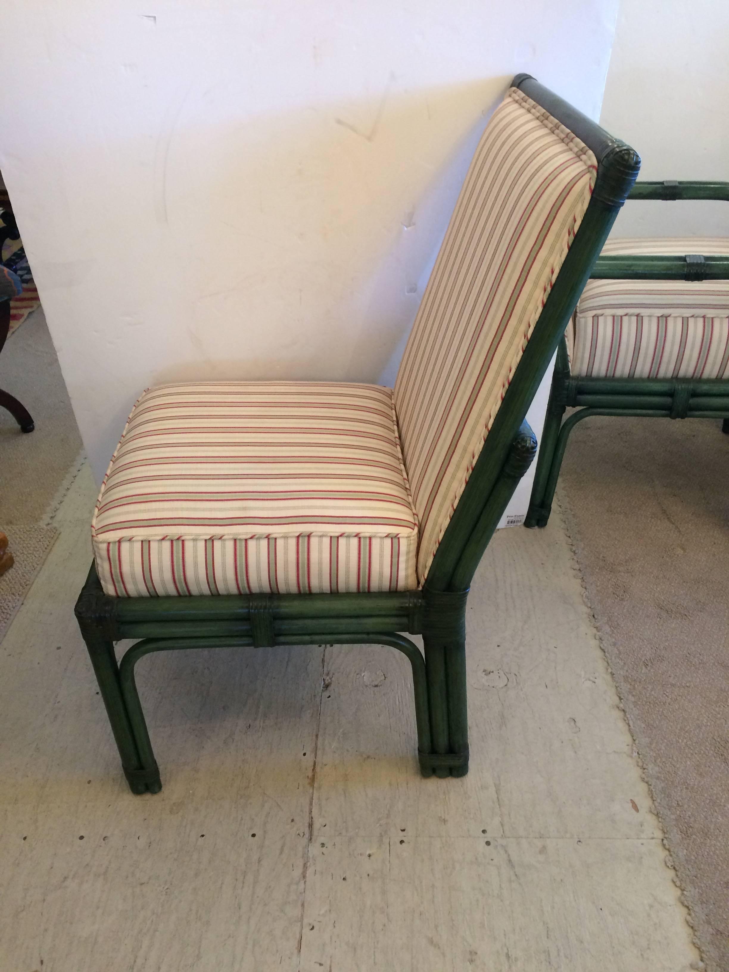 American Set of Six Painted Green Bamboo Dining Chairs with Comfy Striped Upholstery