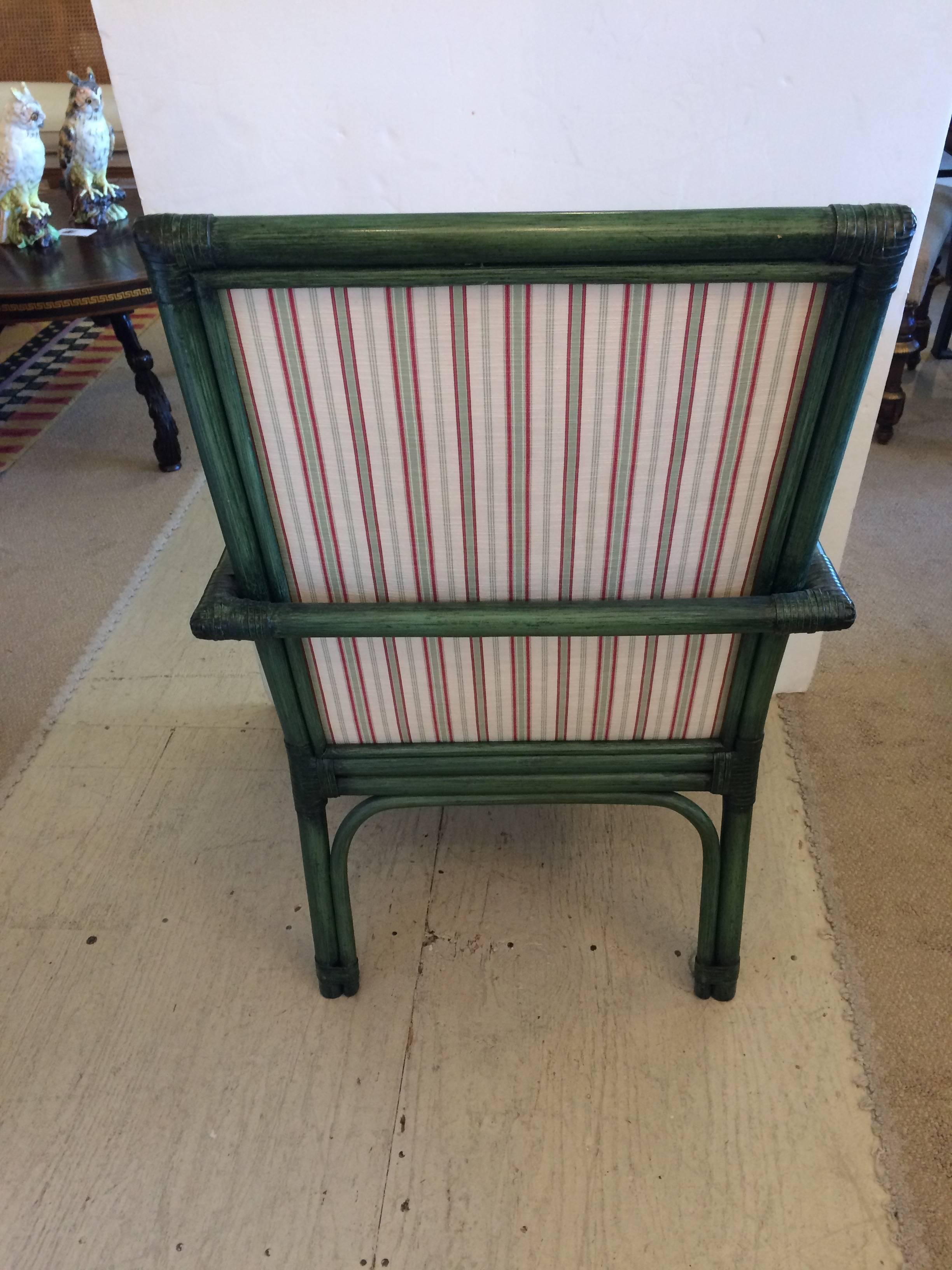Set of Six Painted Green Bamboo Dining Chairs with Comfy Striped Upholstery In Excellent Condition In Hopewell, NJ