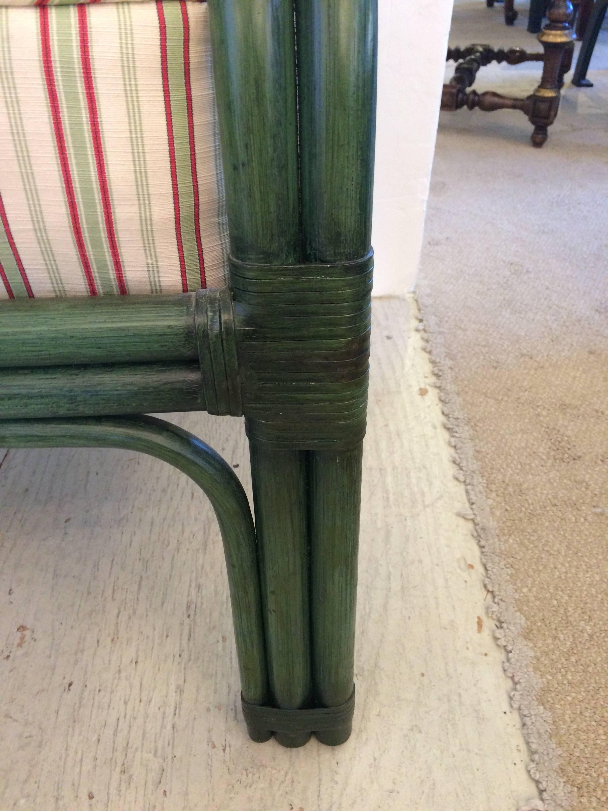Late 20th Century Set of Six Painted Green Bamboo Dining Chairs with Comfy Striped Upholstery