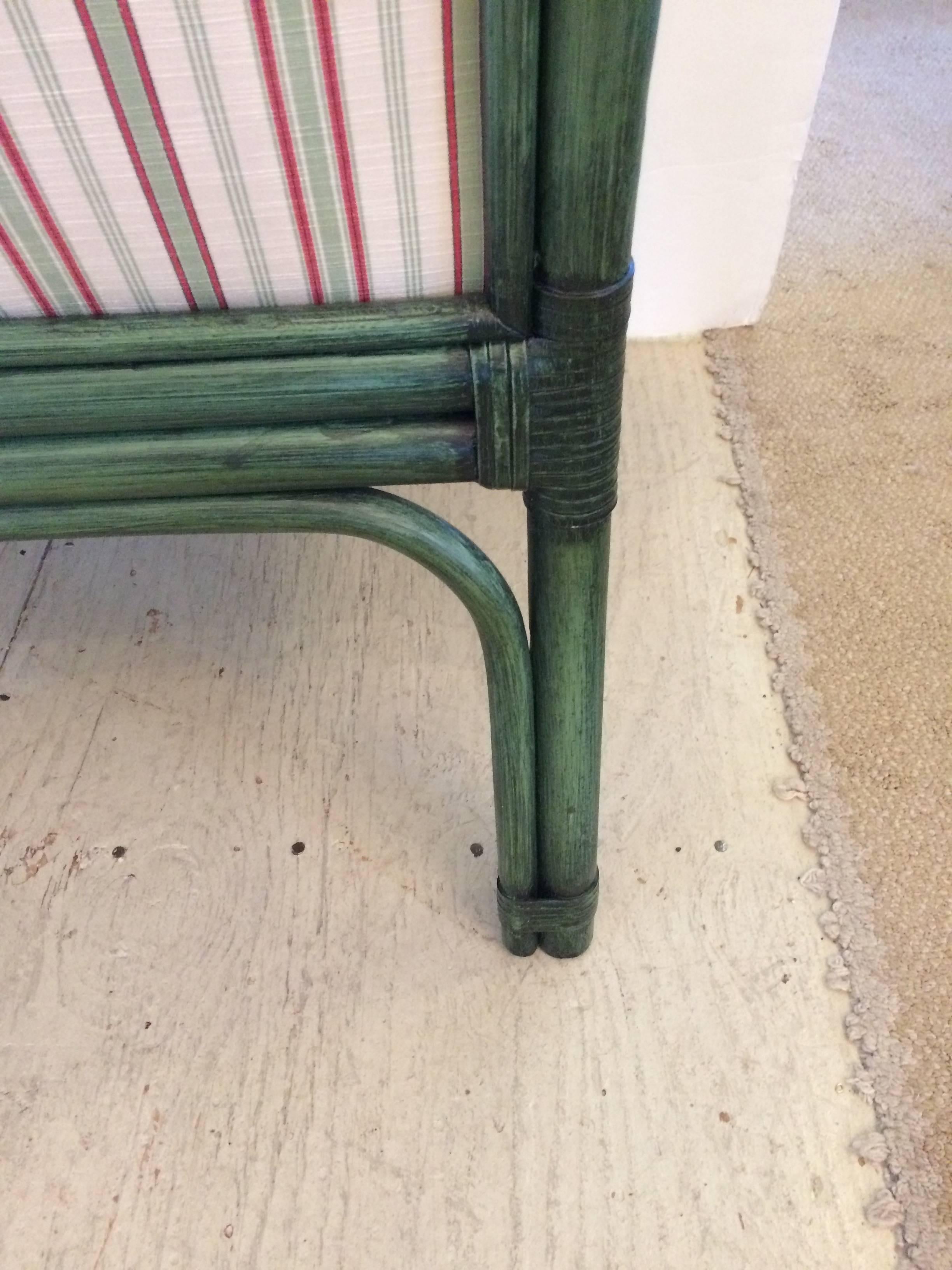 Fabric Set of Six Painted Green Bamboo Dining Chairs with Comfy Striped Upholstery