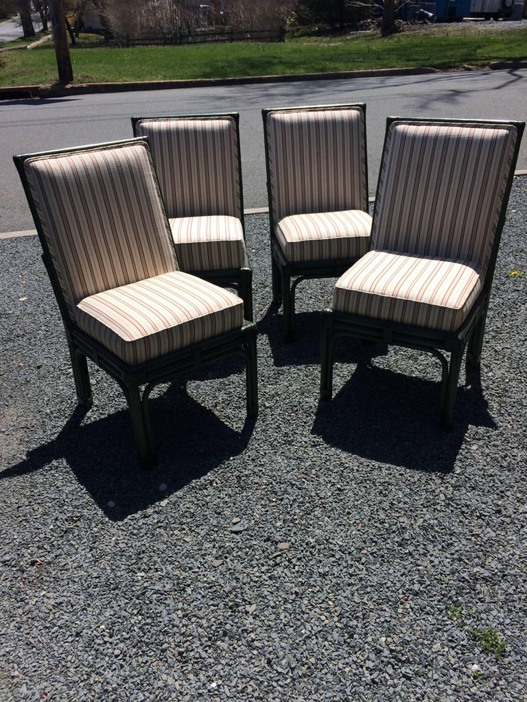 Set of Six Painted Green Bamboo Dining Chairs with Comfy Striped