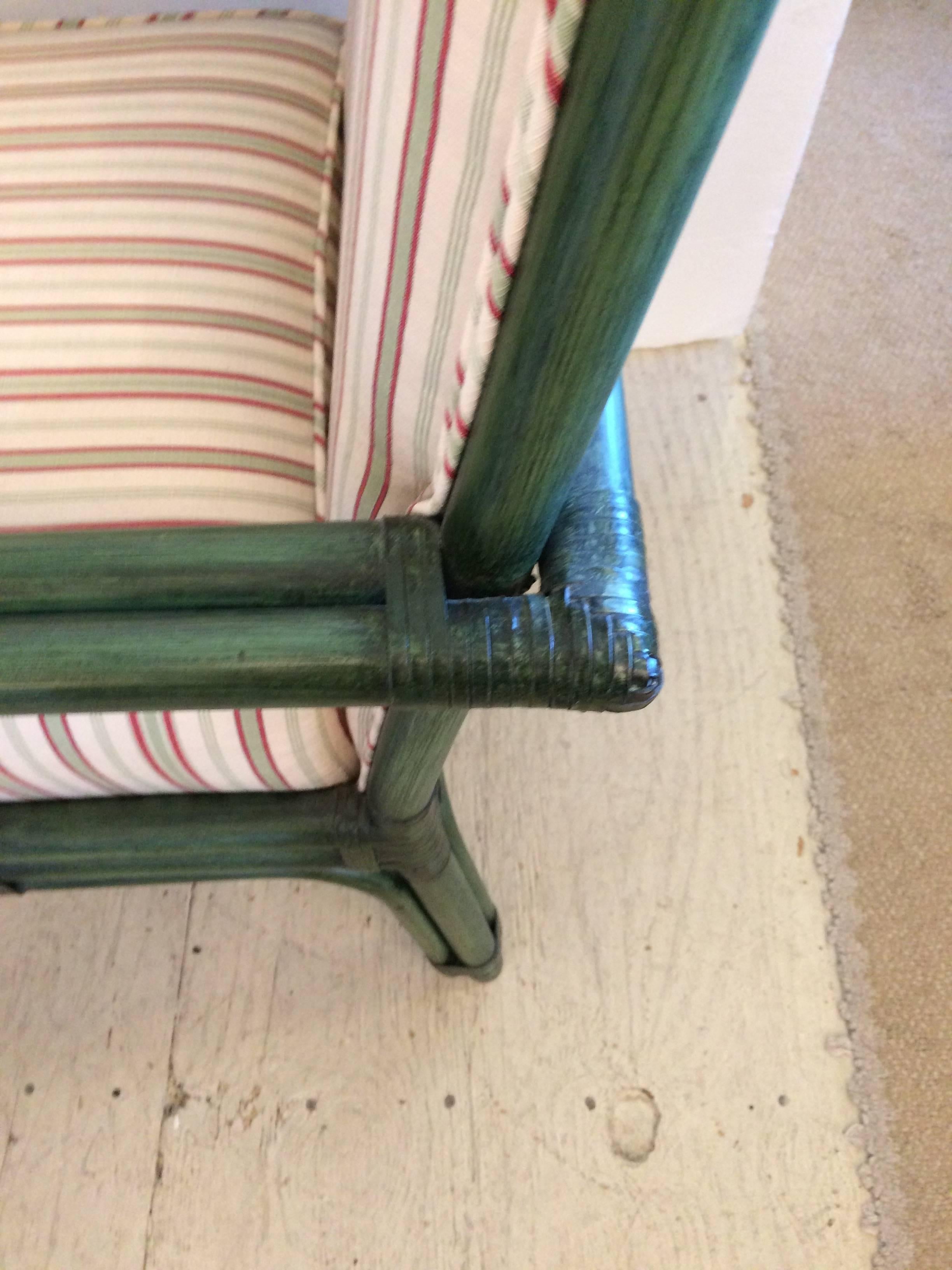 Set of Six Painted Green Bamboo Dining Chairs with Comfy Striped Upholstery 2