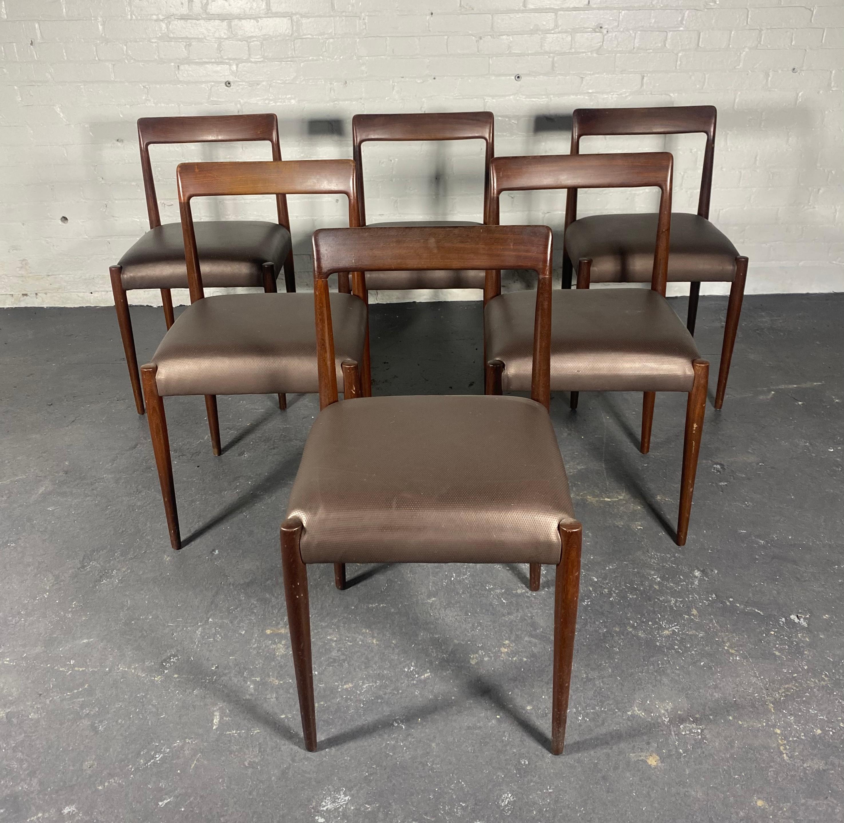 Classic Set 6 Scandinavian Rosewood Dining Chairs attributed to Soren Willadsem for Vejen,  Retain original finish, minor scuffs to wood,, structurally sound, tight sturdy joints.Seats were reupholstered at some point,, faux leather, Sleek simple