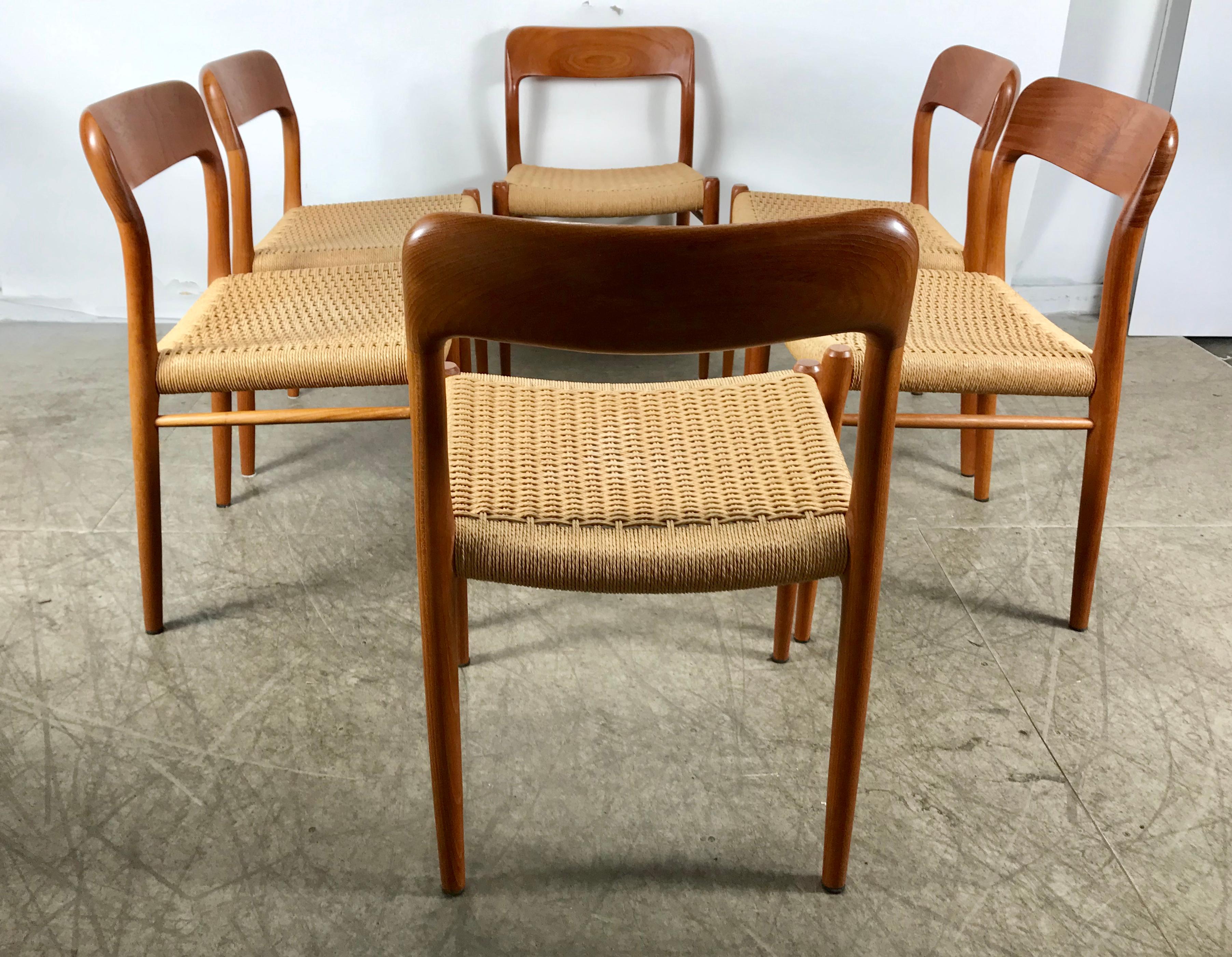 Classic Set 6 Teak and Cane Dining Chairs, Niels Moller Model 75, Denmark 6