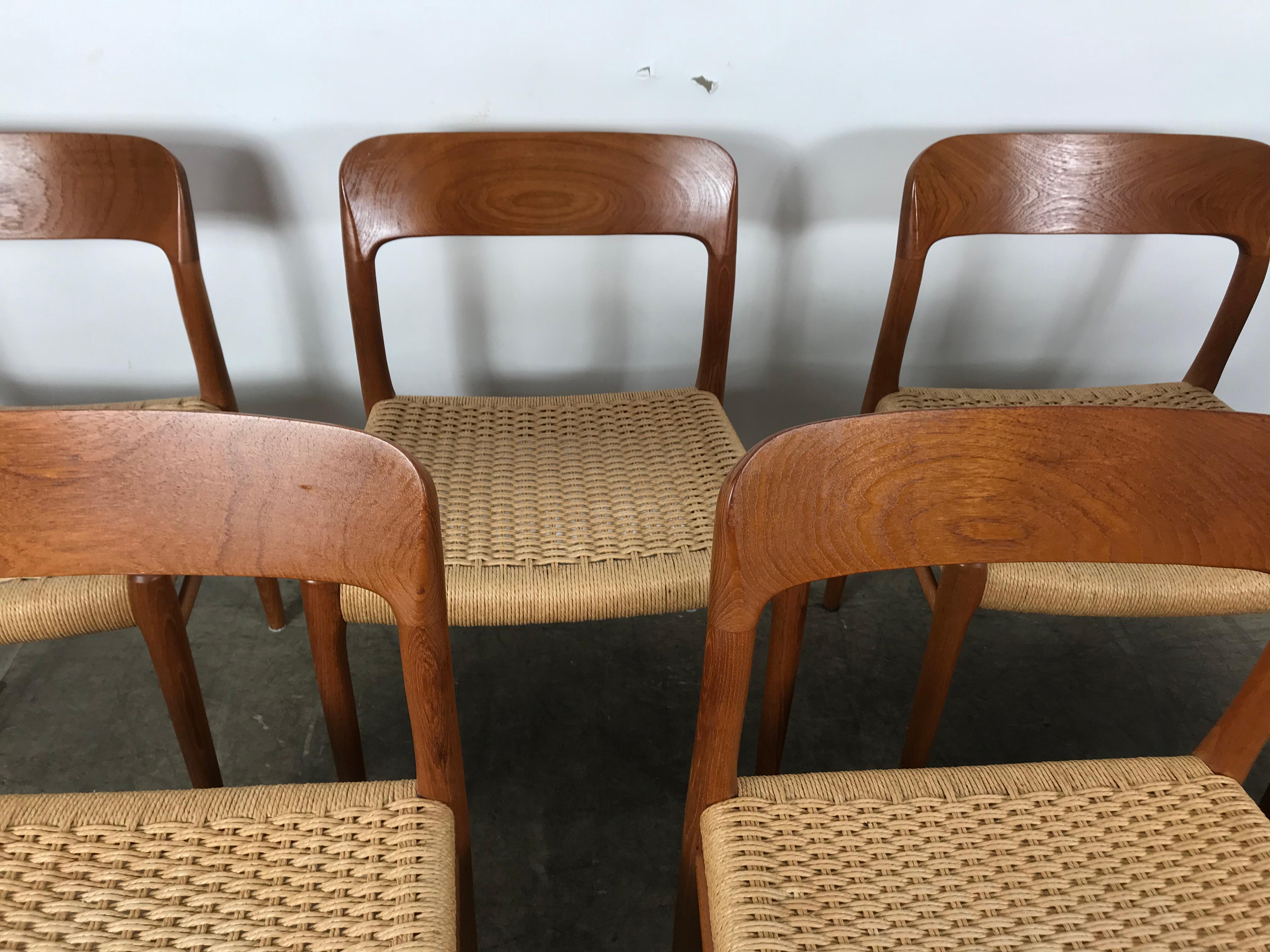 Danish Classic Set 6 Teak and Cane Dining Chairs, Niels Moller Model 75, Denmark