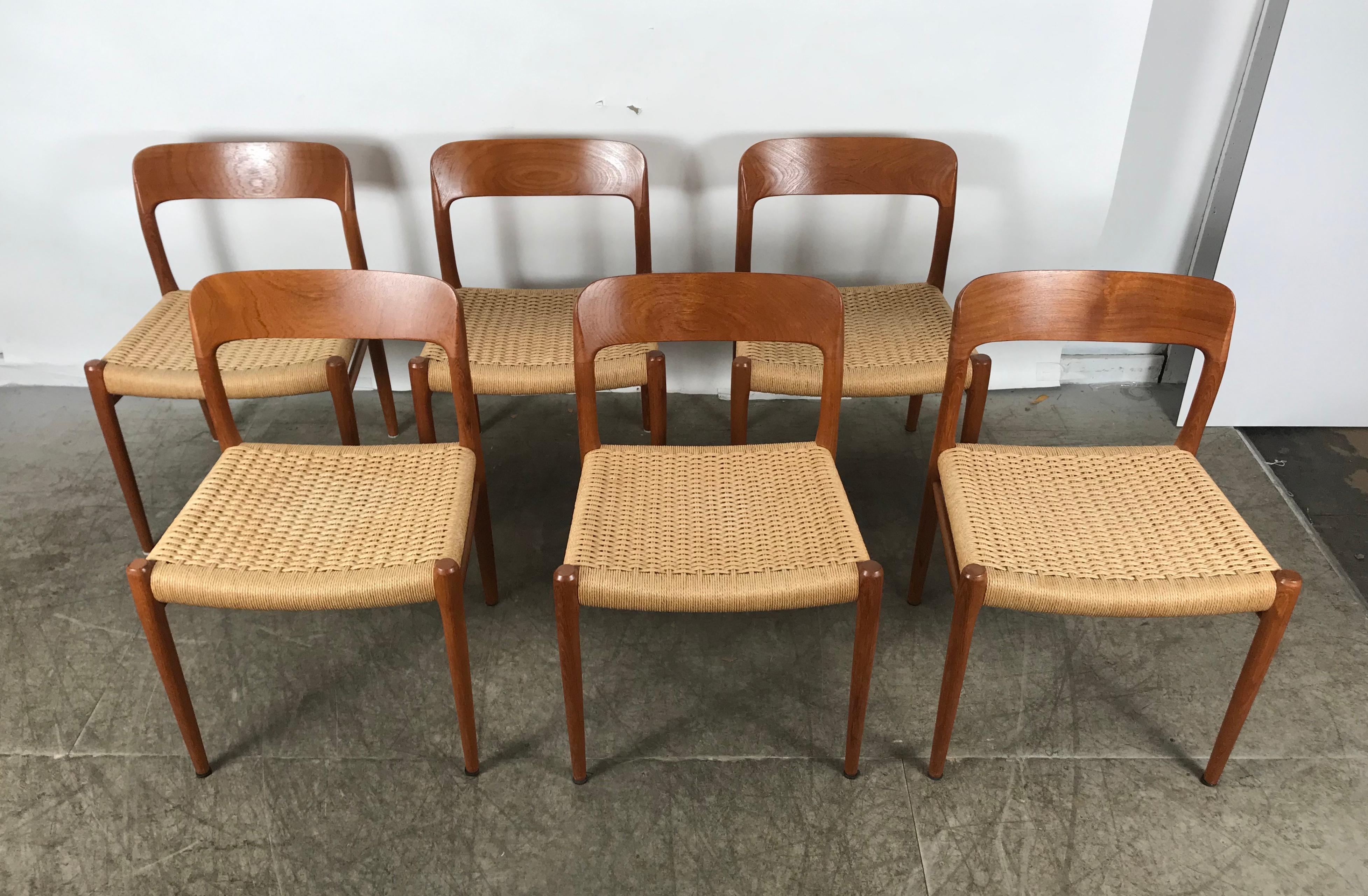 Classic Set 6 Teak and Cane Dining Chairs, Niels Moller Model 75, Denmark In Good Condition In Buffalo, NY