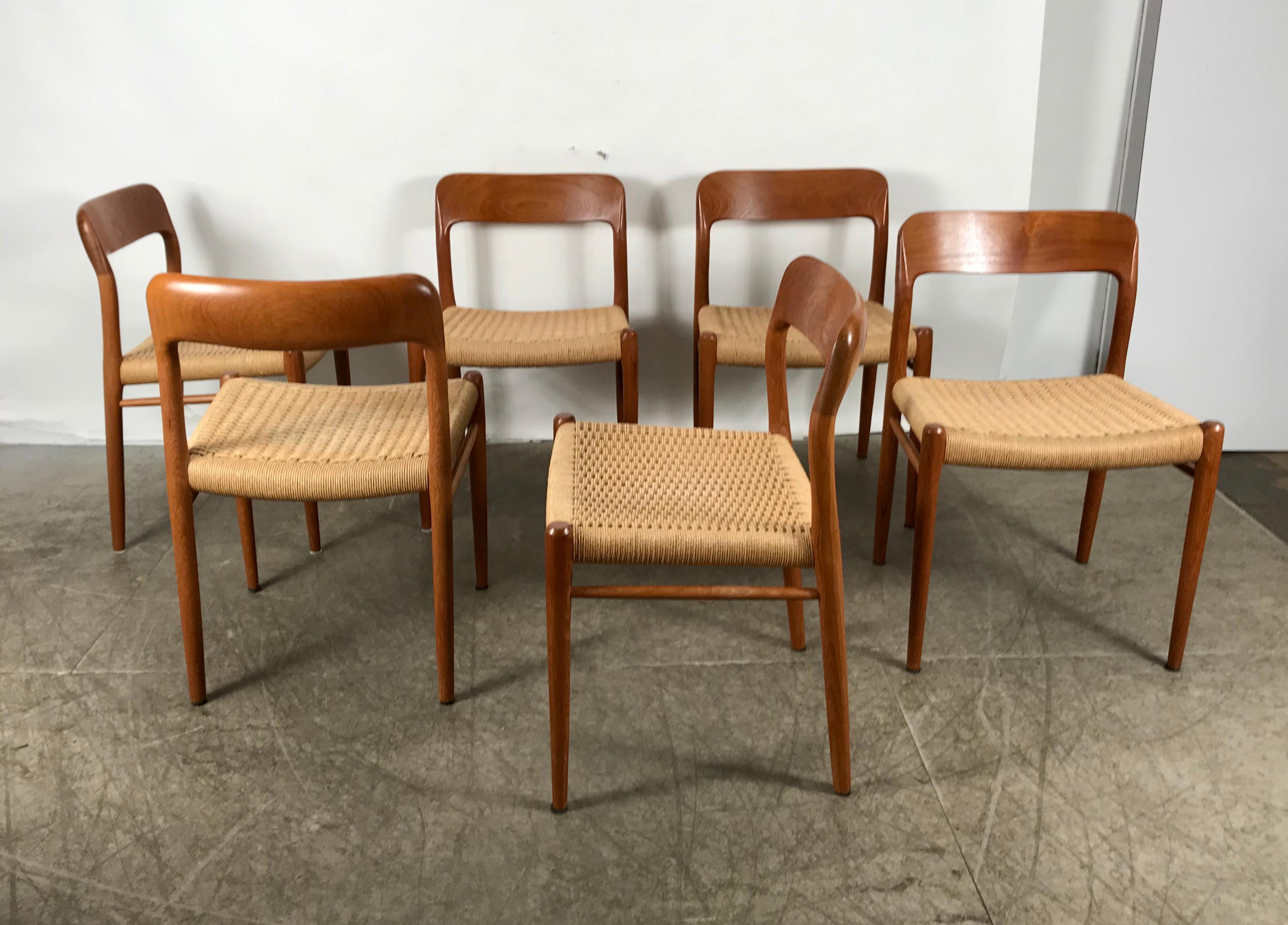20th Century Classic Set 6 Teak and Cane Dining Chairs, Niels Moller Model 75, Denmark